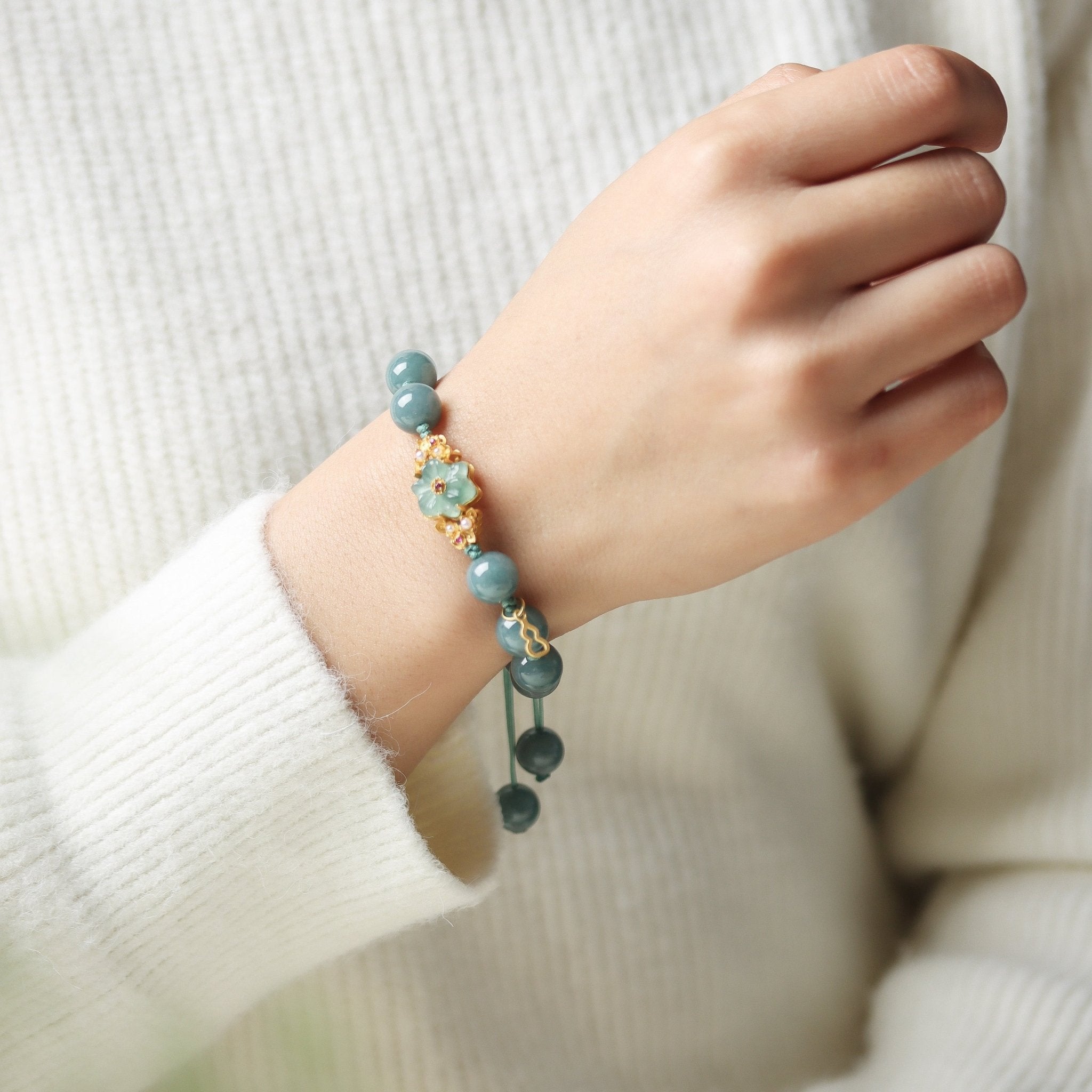 Adjustable Blue Water Jadeite Bracelet with Flower Pendant - Bracelet - Feather Peace