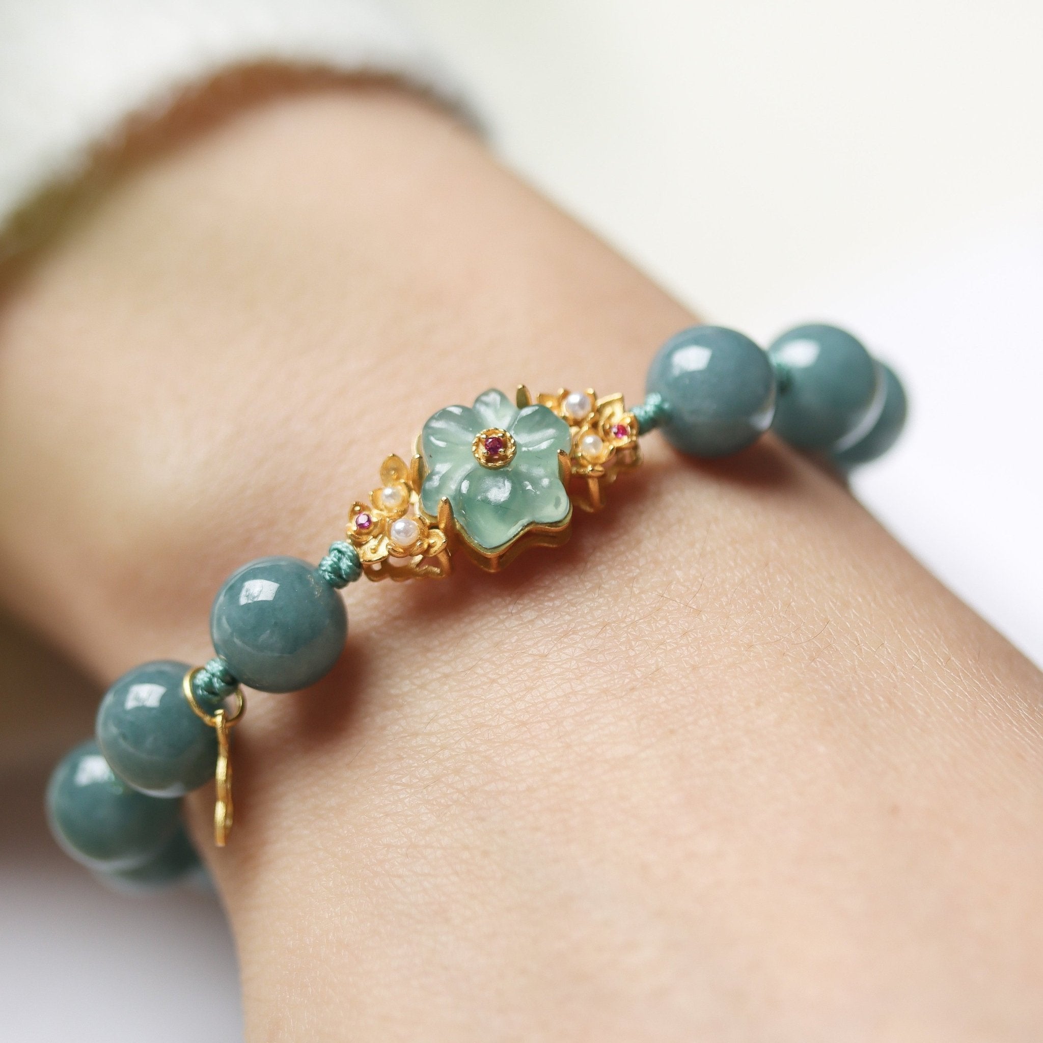 Adjustable Blue Water Jadeite Bracelet with Flower Pendant - Bracelet - Feather Peace
