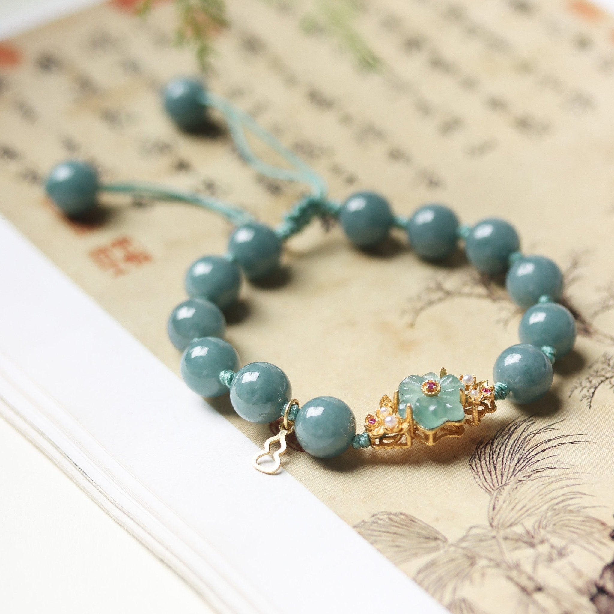 Adjustable Blue Water Jadeite Bracelet with Flower Pendant - Bracelet - Feather Peace