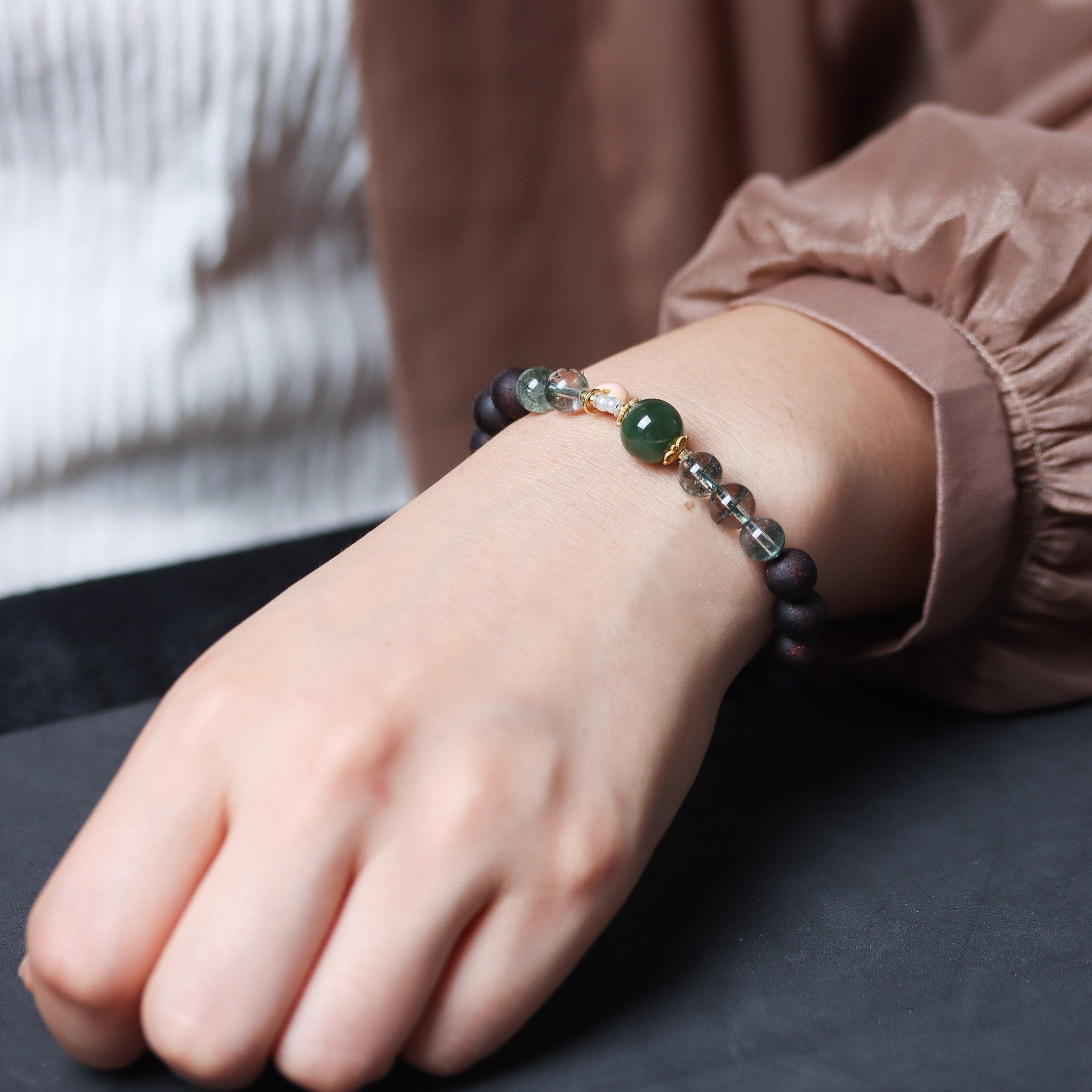 Agarwood and Green Phantom Quartz Bracelet - Bracelet - Feather Peace
