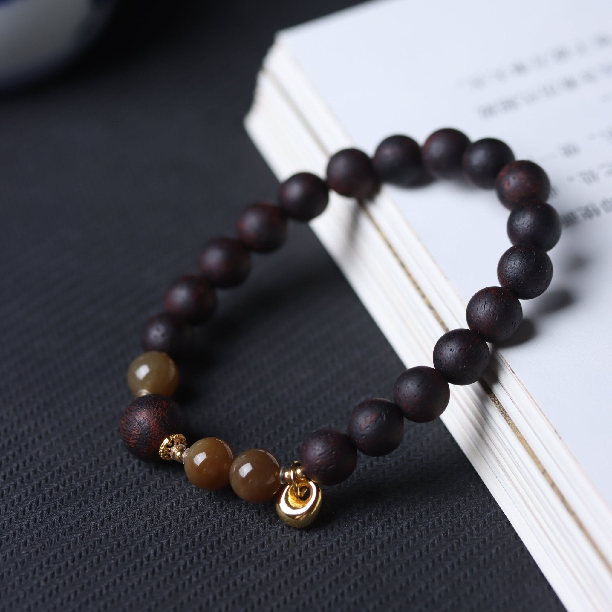 Agarwood and Hetian Jade Bracelet with Lock Charm - Bracelet - Feather Peace