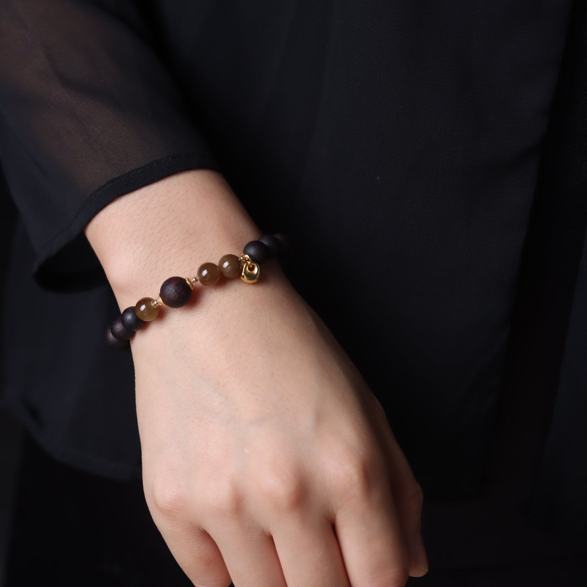 Agarwood and Hetian Jade Bracelet with Lock Charm - Bracelet - Feather Peace