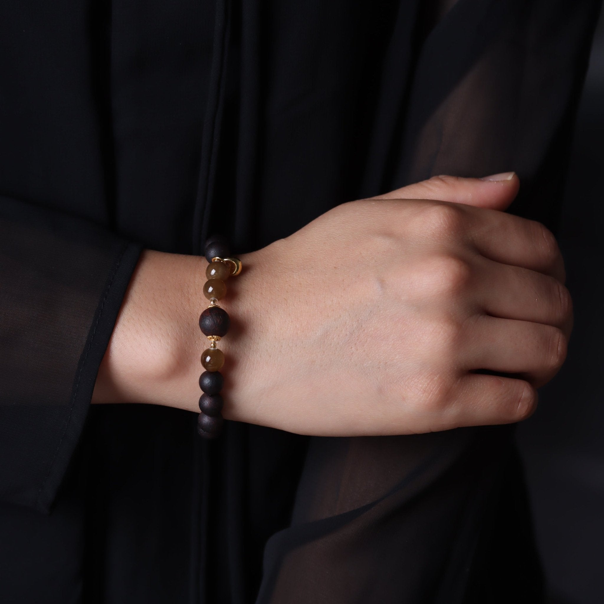 Agarwood and Hetian Jade Bracelet with Lock Charm - Bracelet - Feather Peace