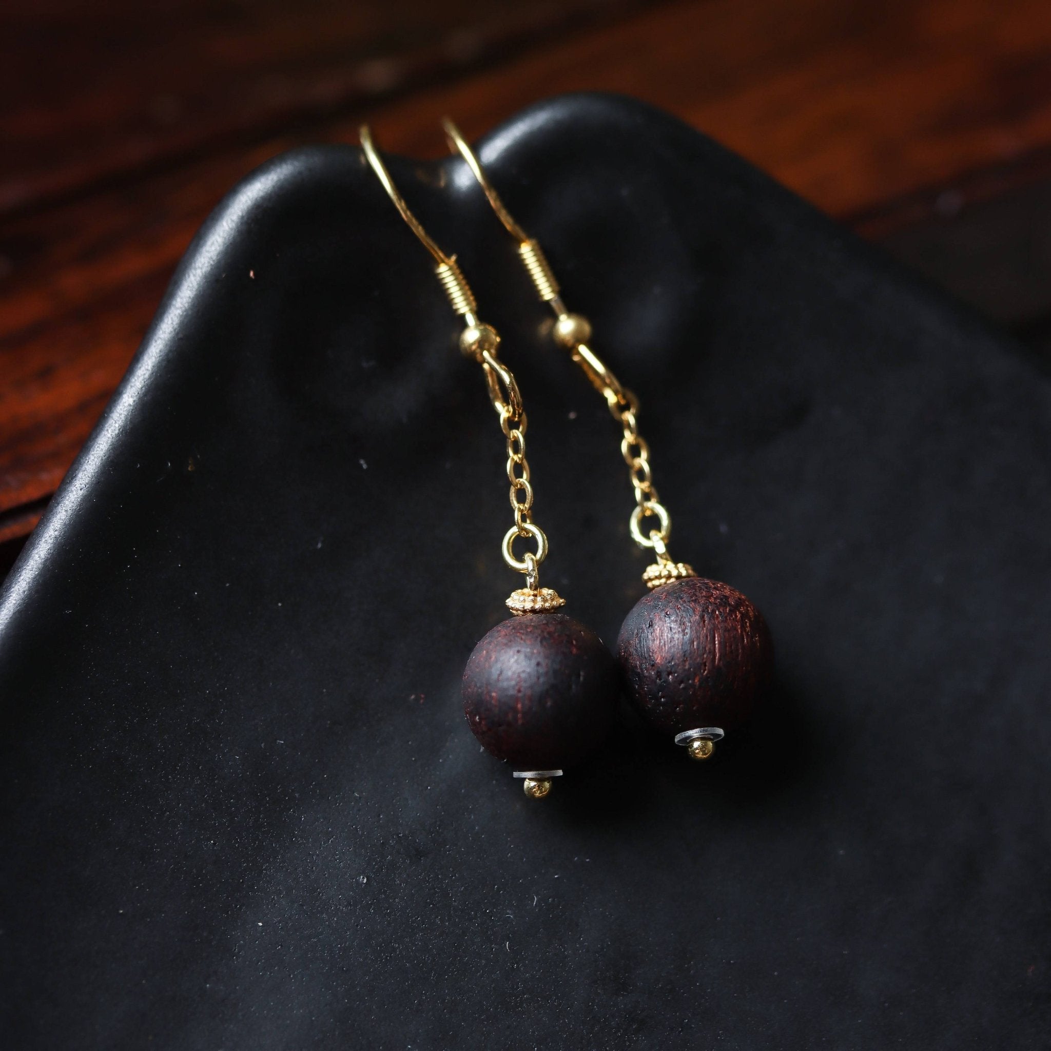 Aloeswood Bead Dangle Ring with Hook Design - Earrings - Feather Peace