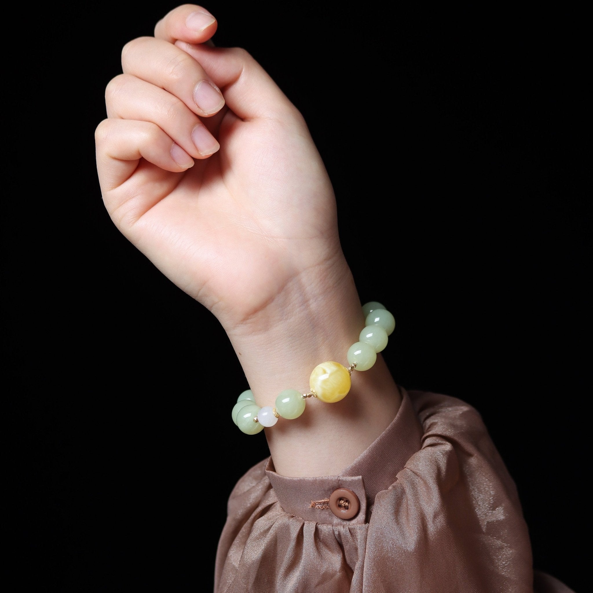 Amber and Hetian Jade Bracelet with 18K Gold Connectors - Bracelet - Feather Peace