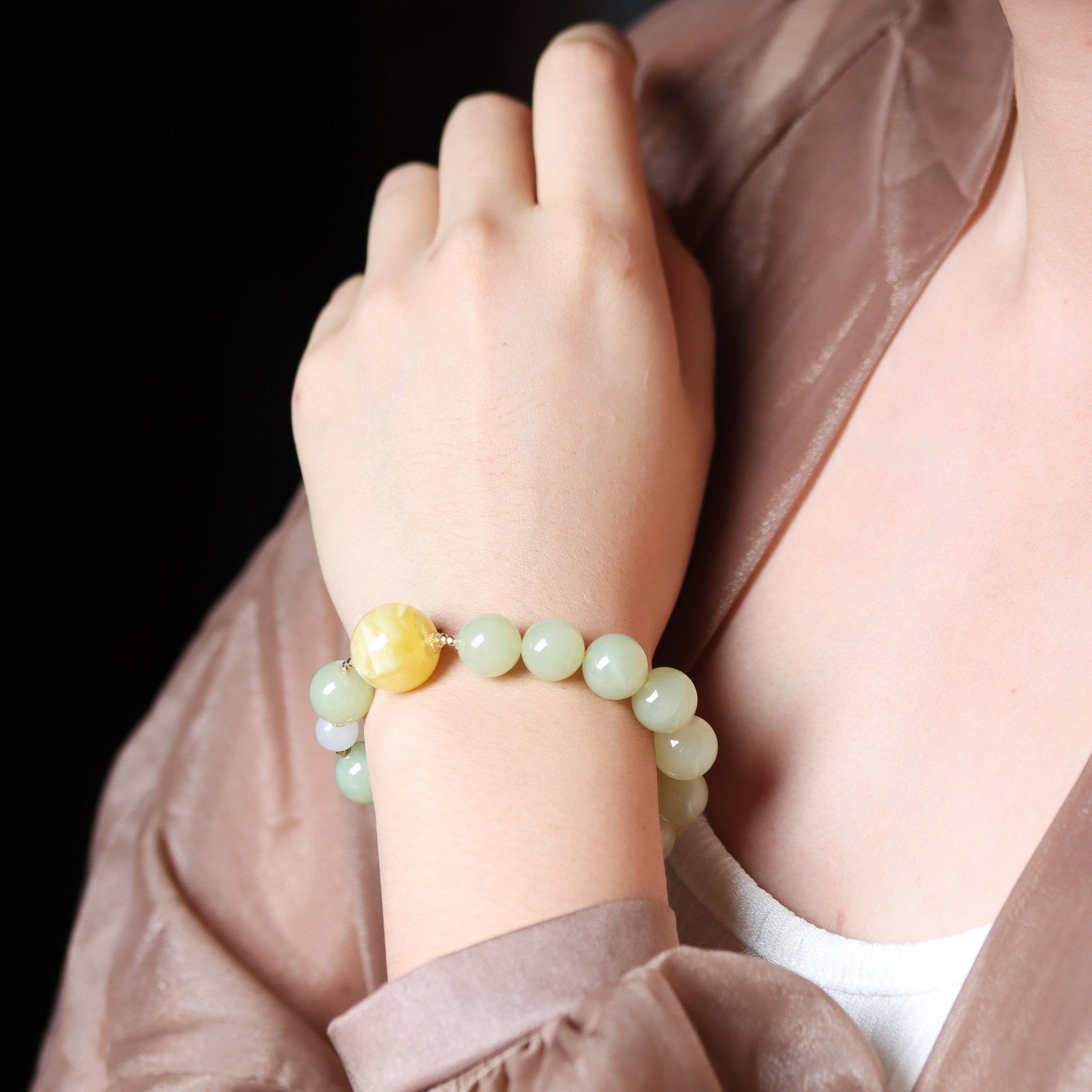 Amber and Hetian Jade Bracelet with 18K Gold Connectors - Bracelet - Feather Peace