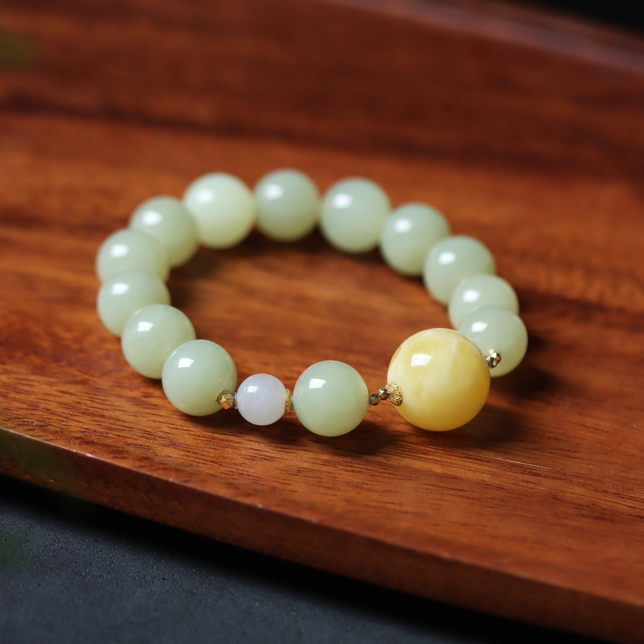 Amber and Hetian Jade Bracelet with 18K Gold Connectors - Bracelet - Feather Peace