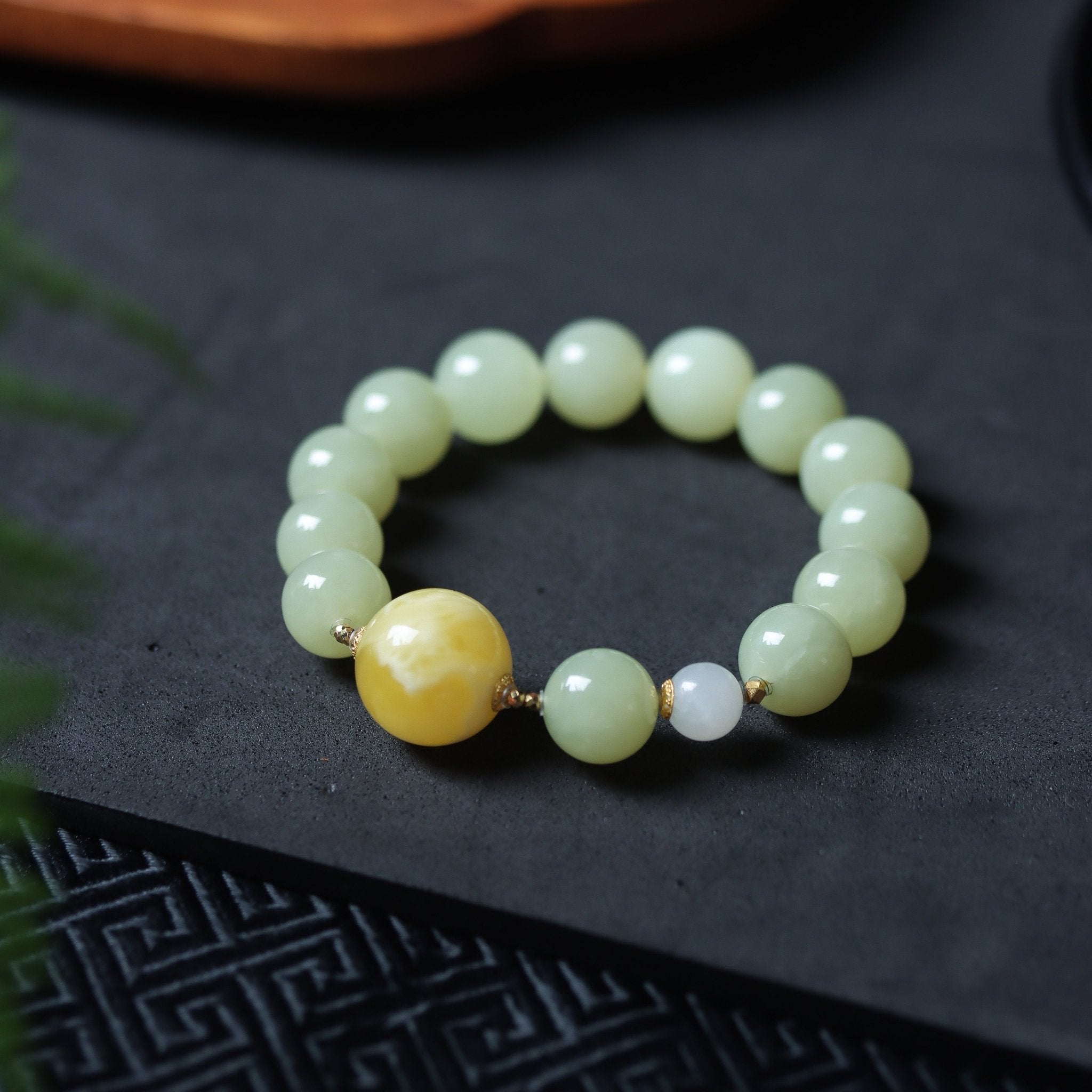 Amber and Hetian Jade Bracelet with 18K Gold Connectors - Bracelet - Feather Peace