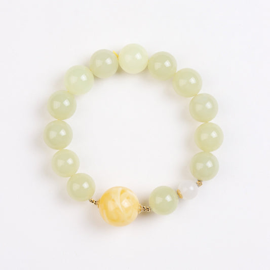 Amber and Hetian Jade Bracelet with 18K Gold Connectors - Bracelet - Feather Peace