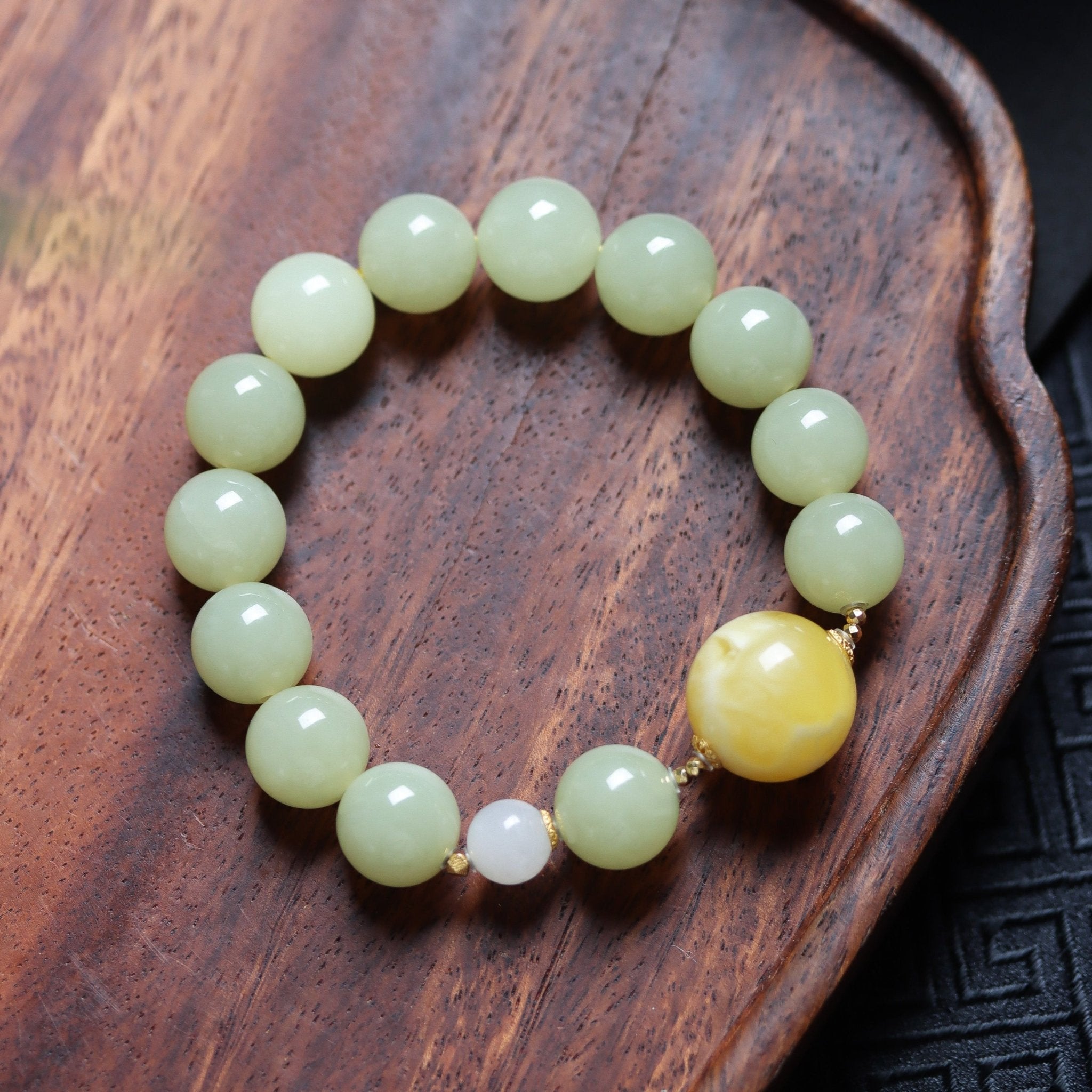 Amber and Hetian Jade Bracelet with 18K Gold Connectors - Bracelet - Feather Peace