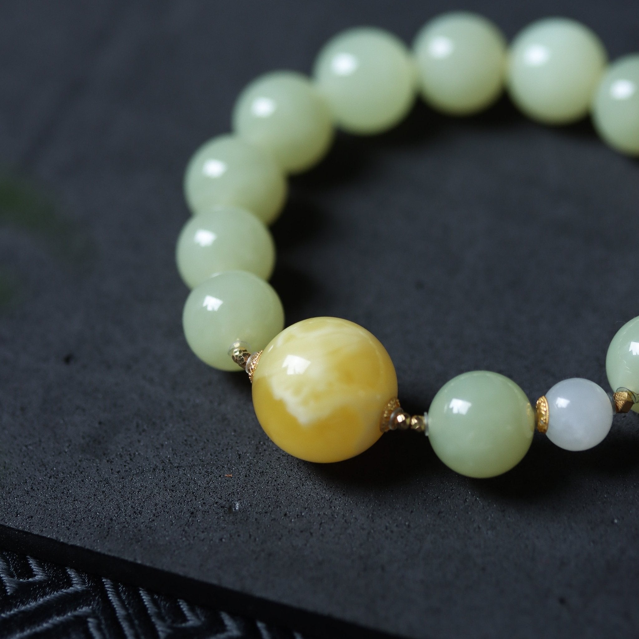 Amber and Hetian Jade Bracelet with 18K Gold Connectors - Bracelet - Feather Peace