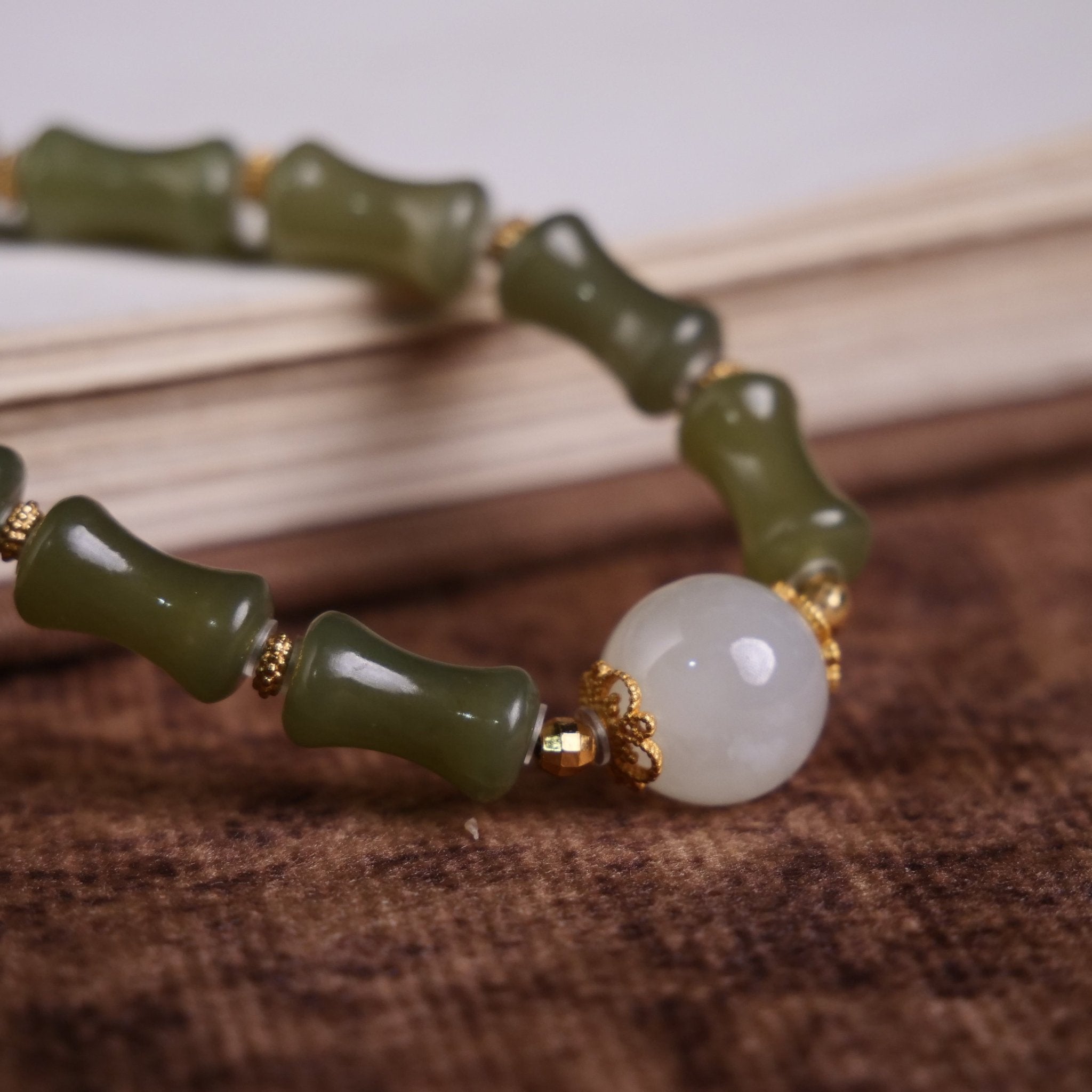 Bamboo Shaped Hetian Jade Bracelet with White Pendant - Bracelet - Feather Peace