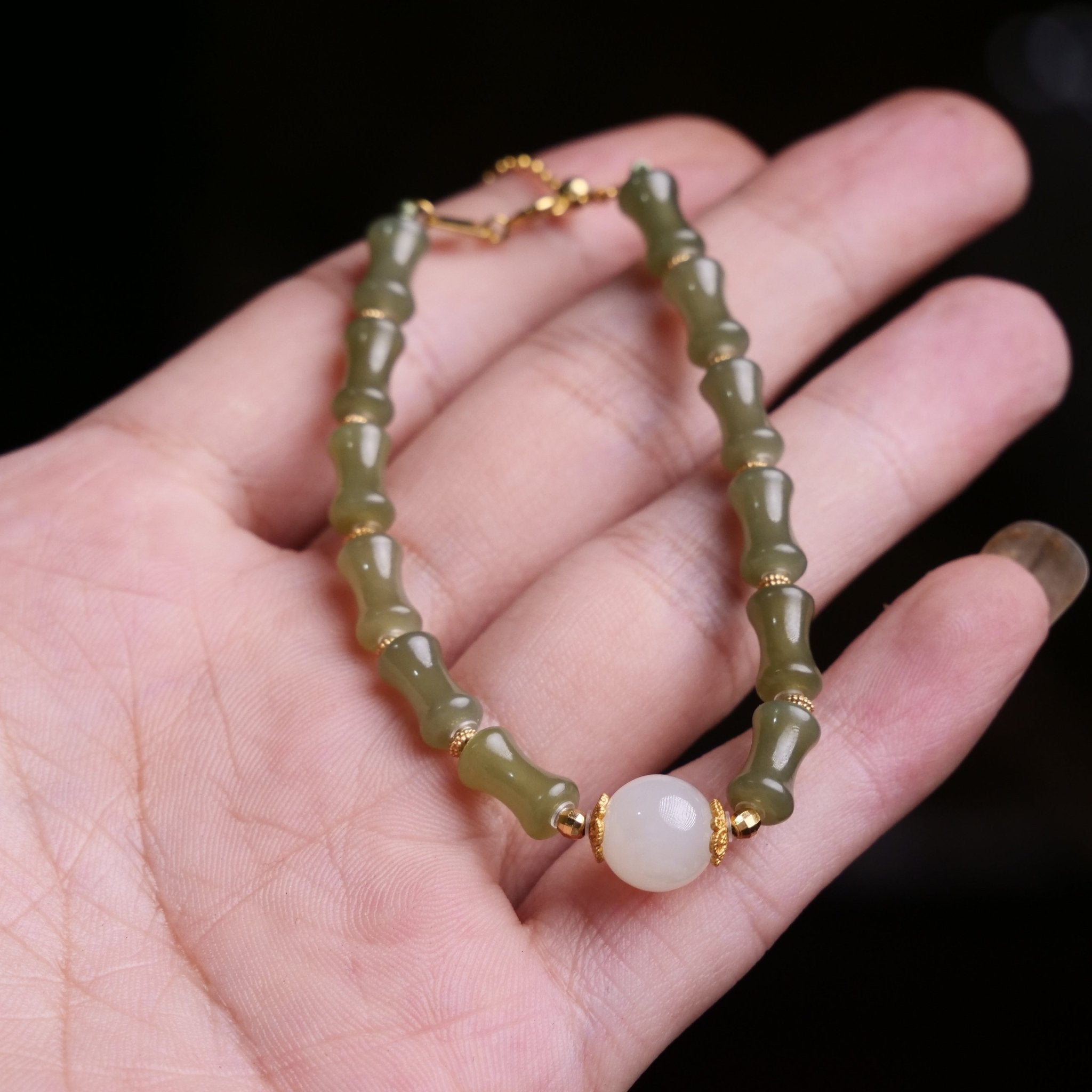 Bamboo Shaped Hetian Jade Bracelet with White Pendant - Bracelet - Feather Peace