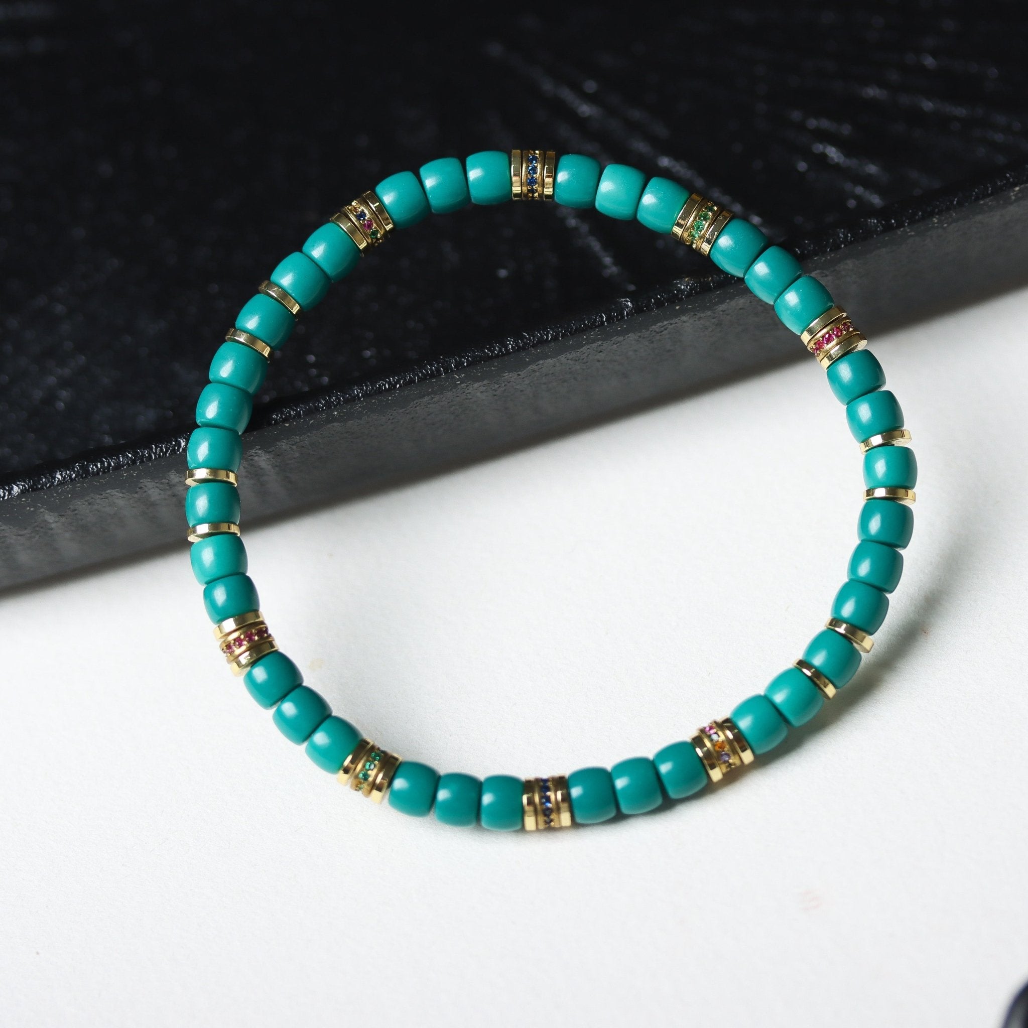 Barrel Bead Turquoise Bracelet with Gold Accents - Bracelet - Feather Peace
