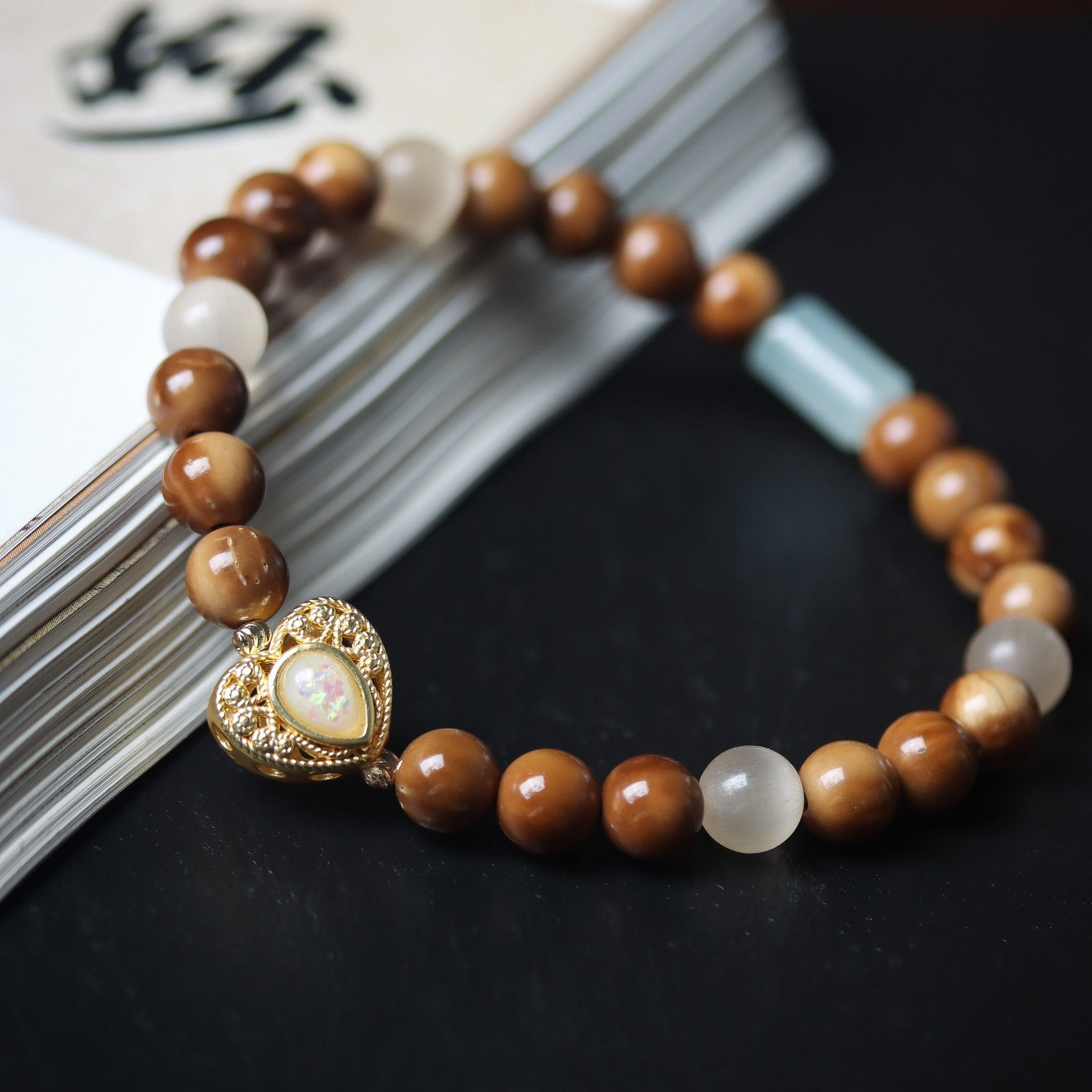 Cat’s Eye Pendant with Coquilla and Bashan Jade Bracelet - Bracelet - Feather Peace