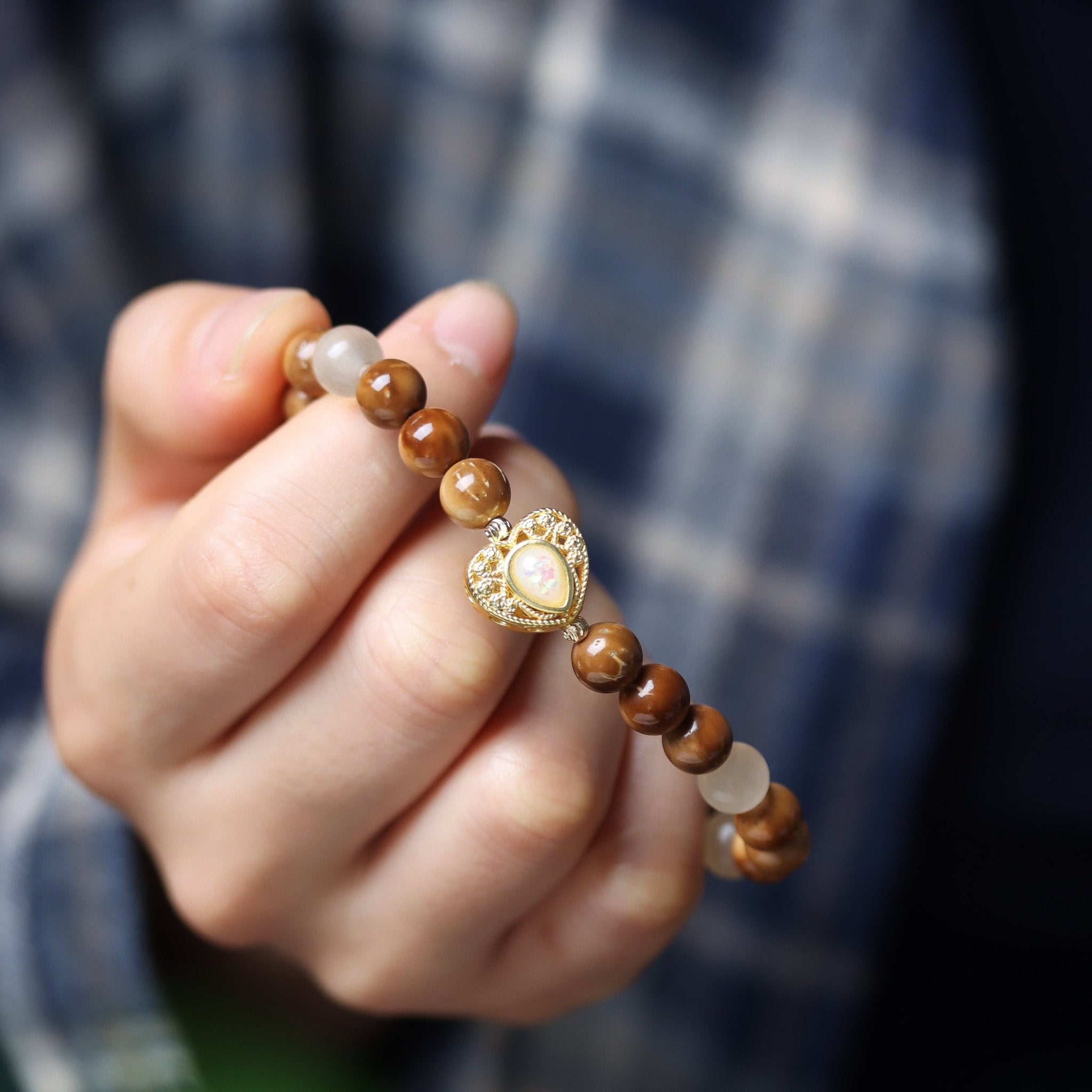 Cat’s Eye Pendant with Coquilla and Bashan Jade Bracelet - Bracelet - Feather Peace