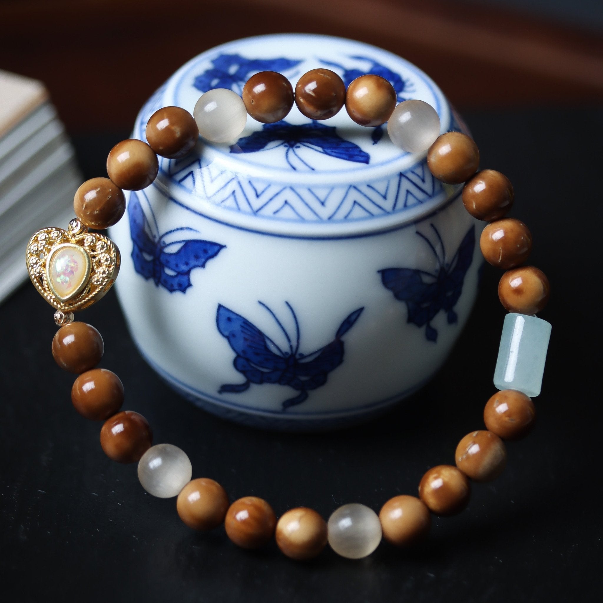 Cat’s Eye Pendant with Coquilla and Bashan Jade Bracelet - Bracelet - Feather Peace