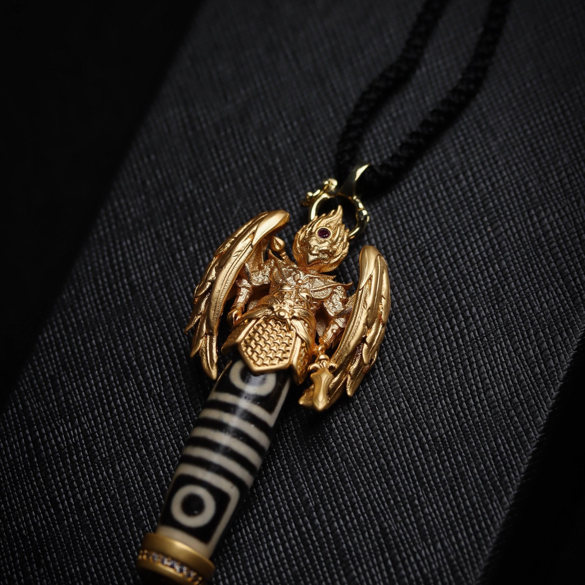 Four - Eyed Roc Dzi Bead - Necklace - Feather Peace