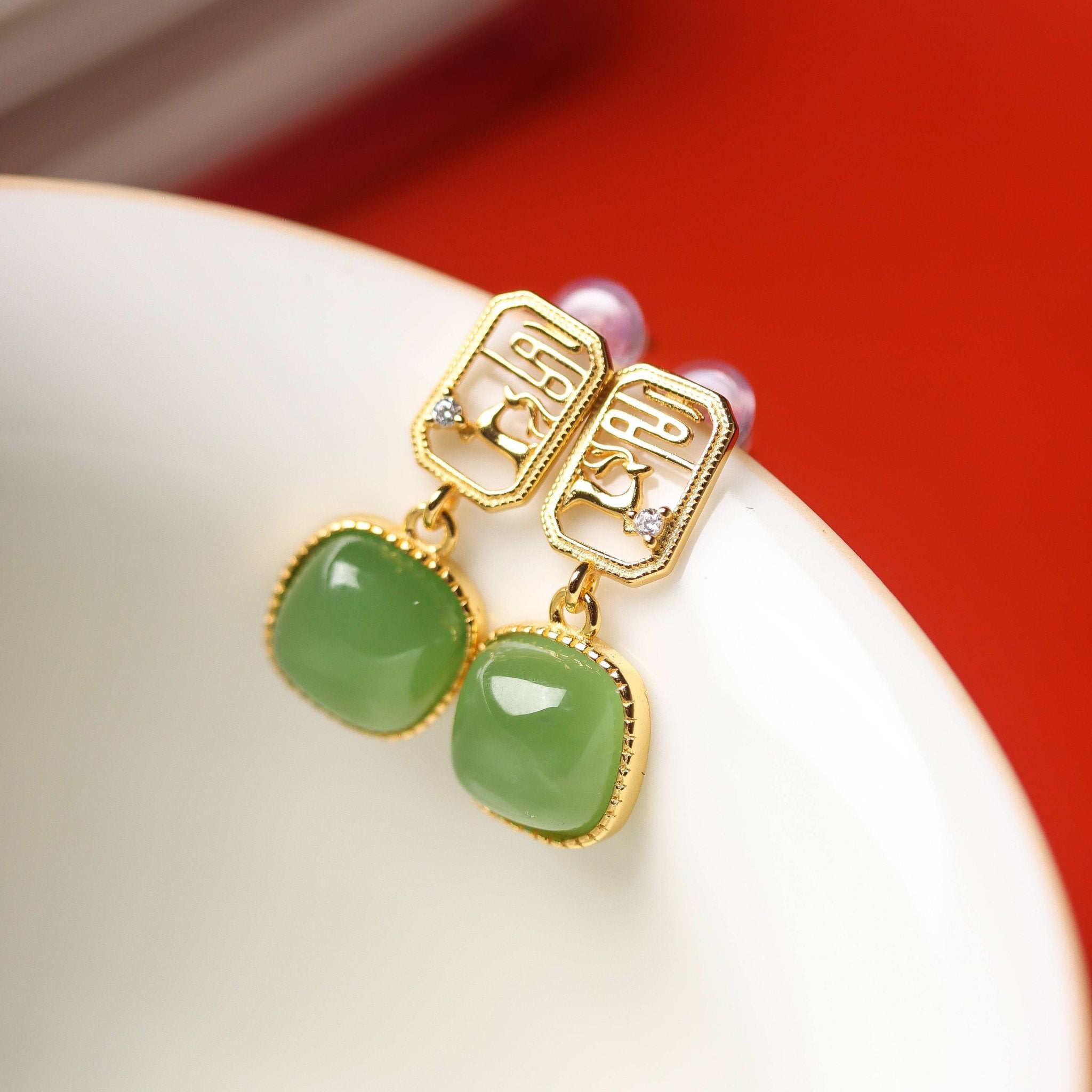 Green Jade Deer Dangle Earrings - Earrings - Feather Peace