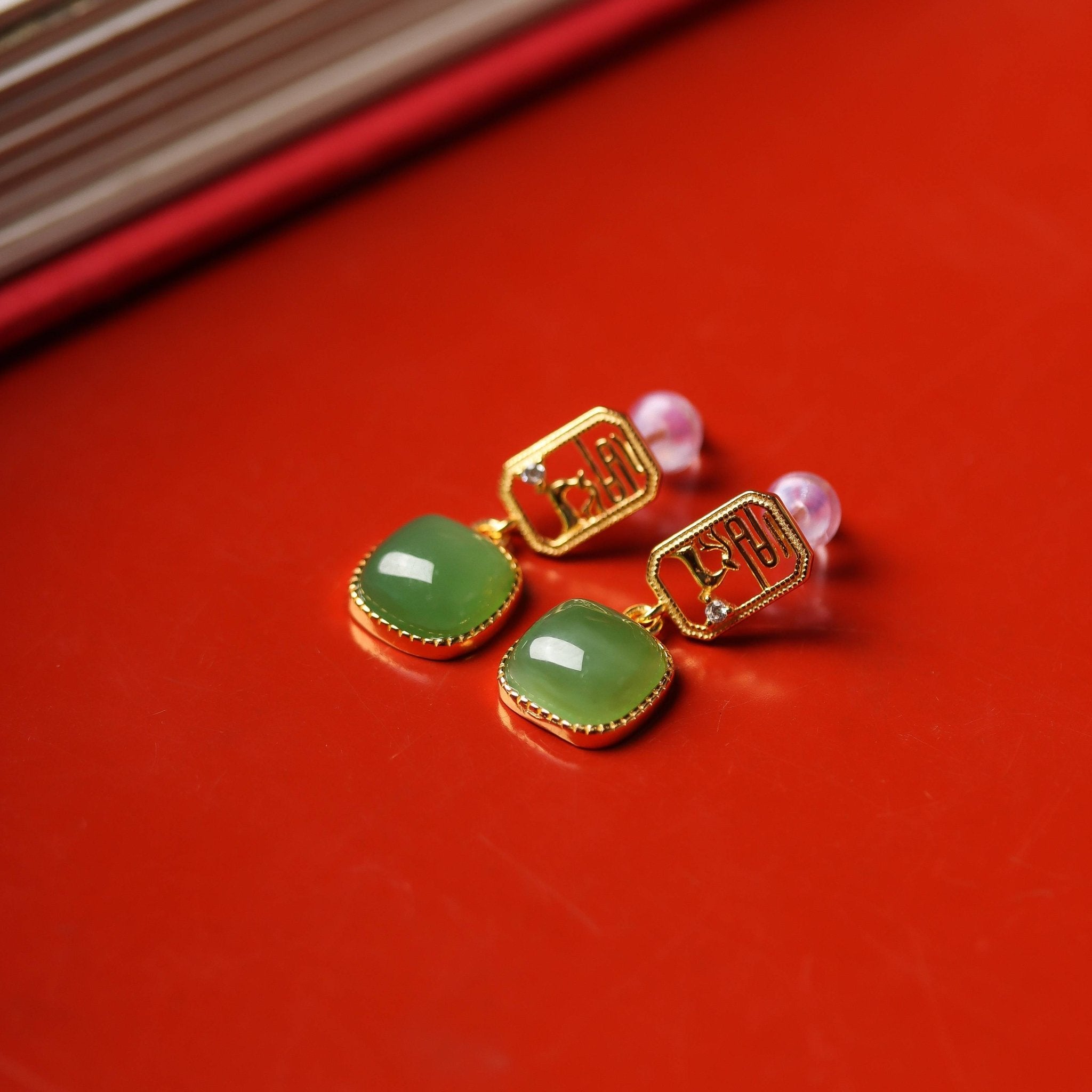 Green Jade Deer Dangle Earrings - Earrings - Feather Peace