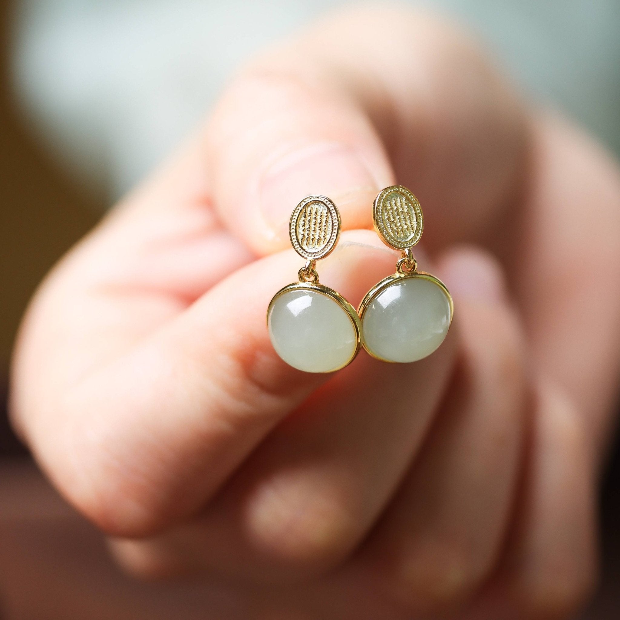 Hetian Jade Dangle Earrings in Gold - Plated Setting - Earrings - Feather Peace
