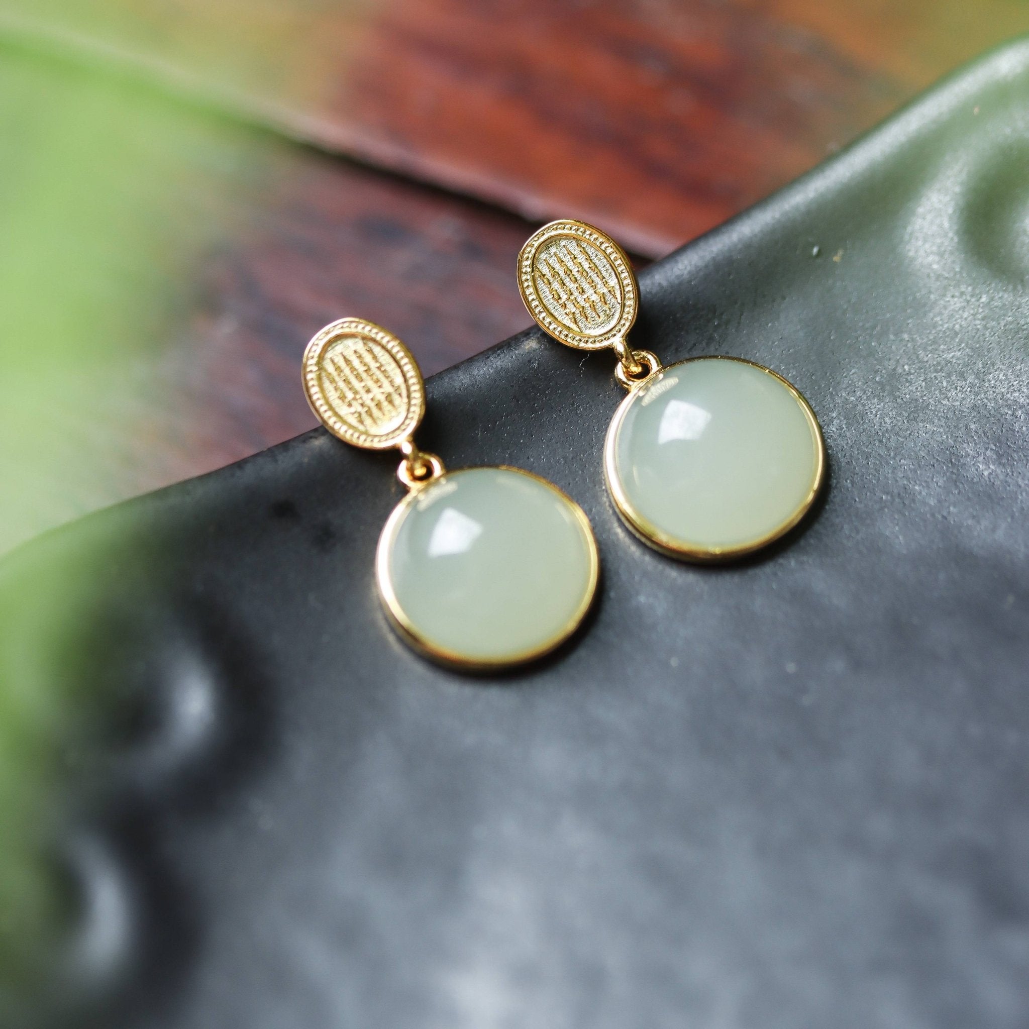 Hetian Jade Dangle Earrings in Gold - Plated Setting - Earrings - Feather Peace
