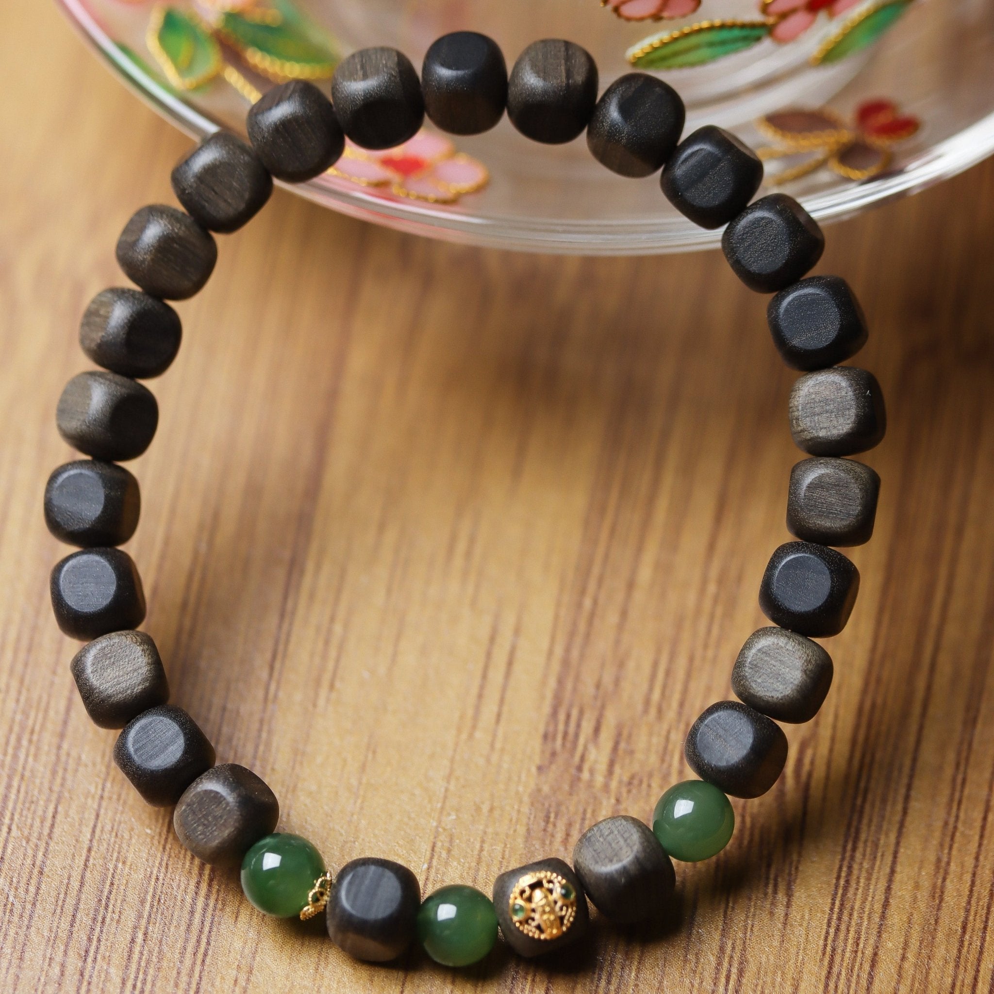Laoshan Sandalwood and Green Jade Bracelet with 18K Gold - Bracelet - Feather Peace