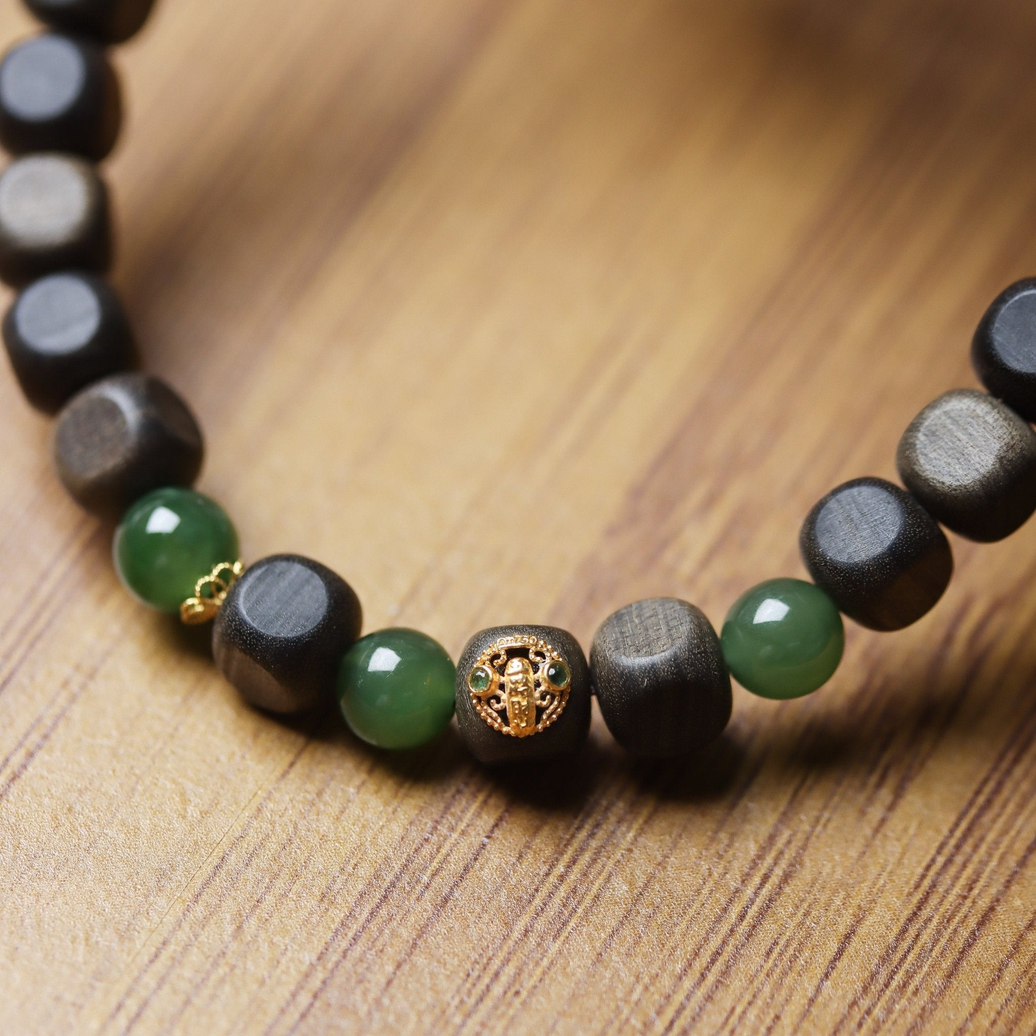 Laoshan Sandalwood and Green Jade Bracelet with 18K Gold - Bracelet - Feather Peace