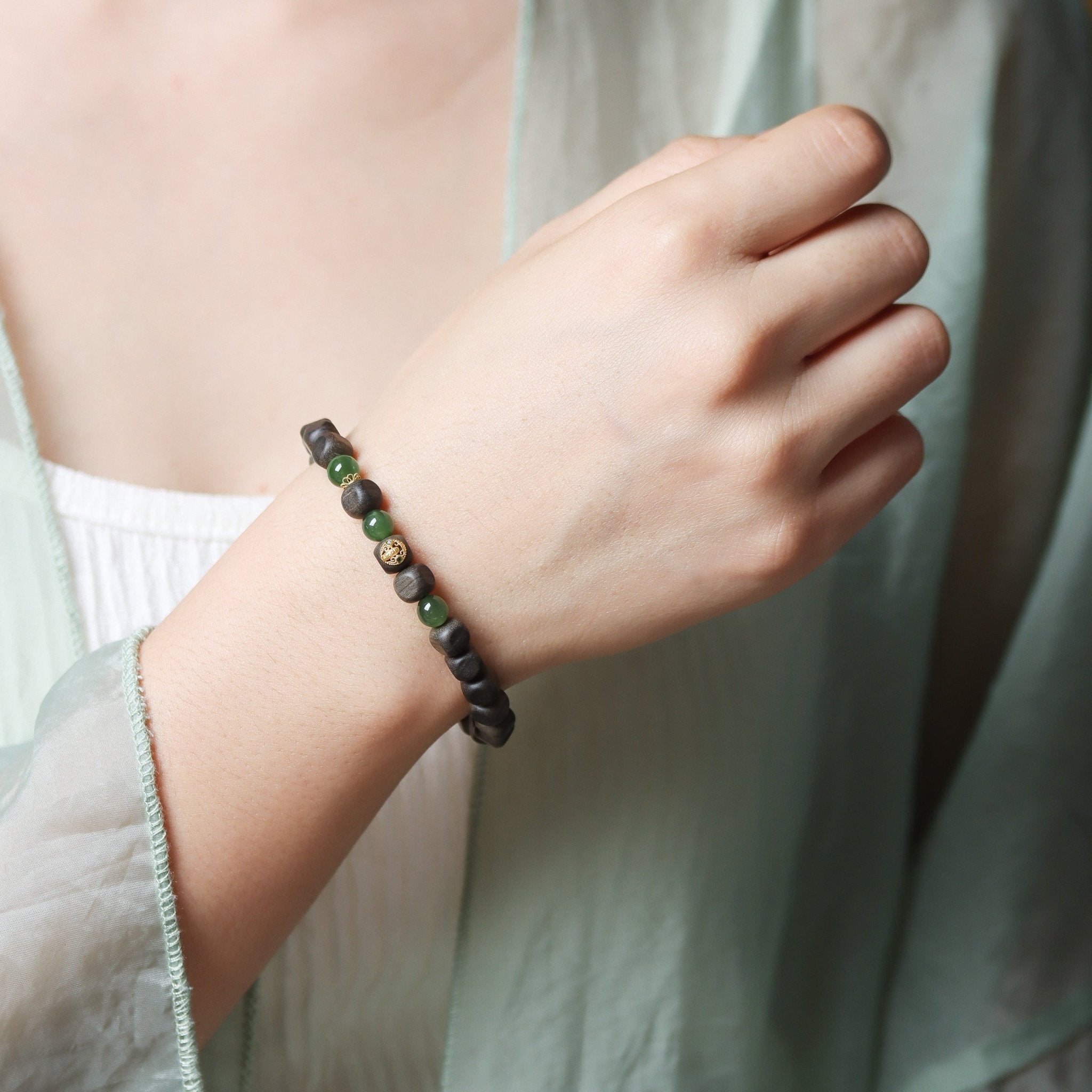 Laoshan Sandalwood and Green Jade Bracelet with 18K Gold - Bracelet - Feather Peace