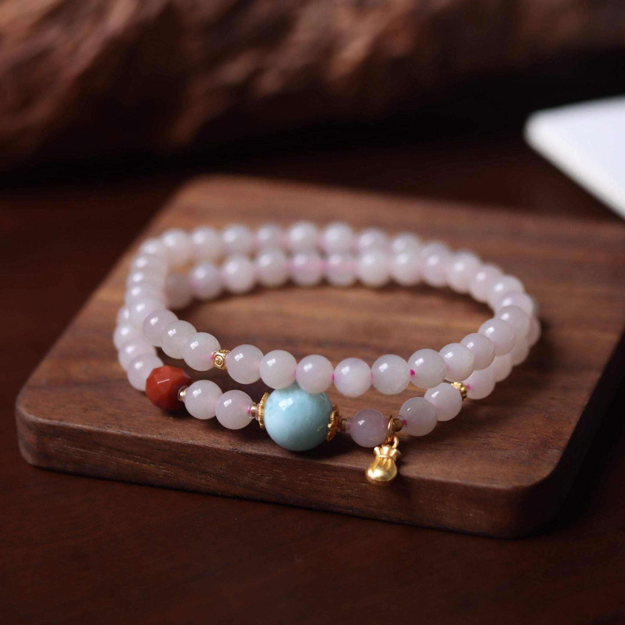 Larimar Pendant with Lotus Root Starch Jade Mala Bead - Mala Bead - Feather Peace