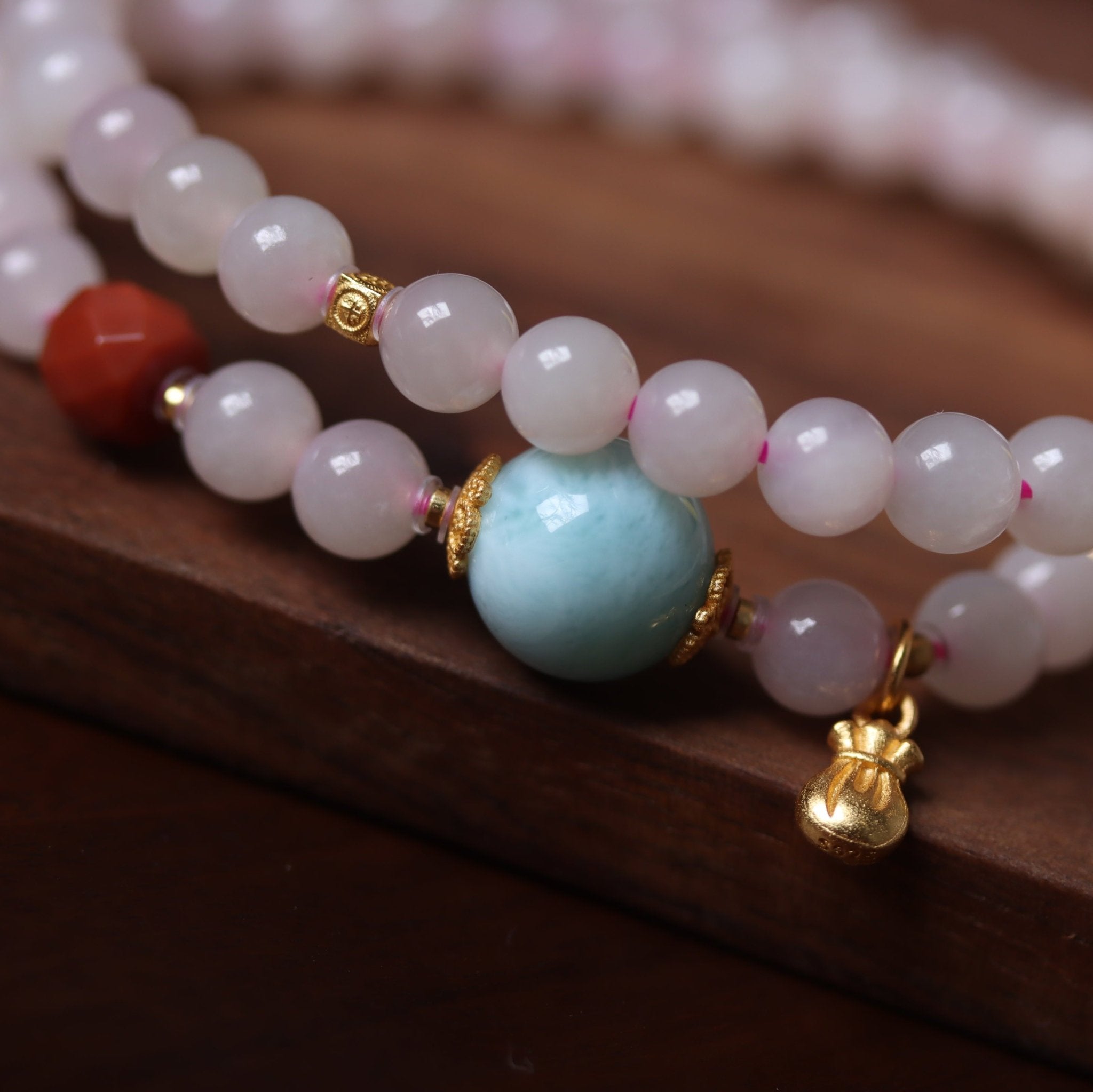 Larimar Pendant with Lotus Root Starch Jade Mala Bead - Mala Bead - Feather Peace