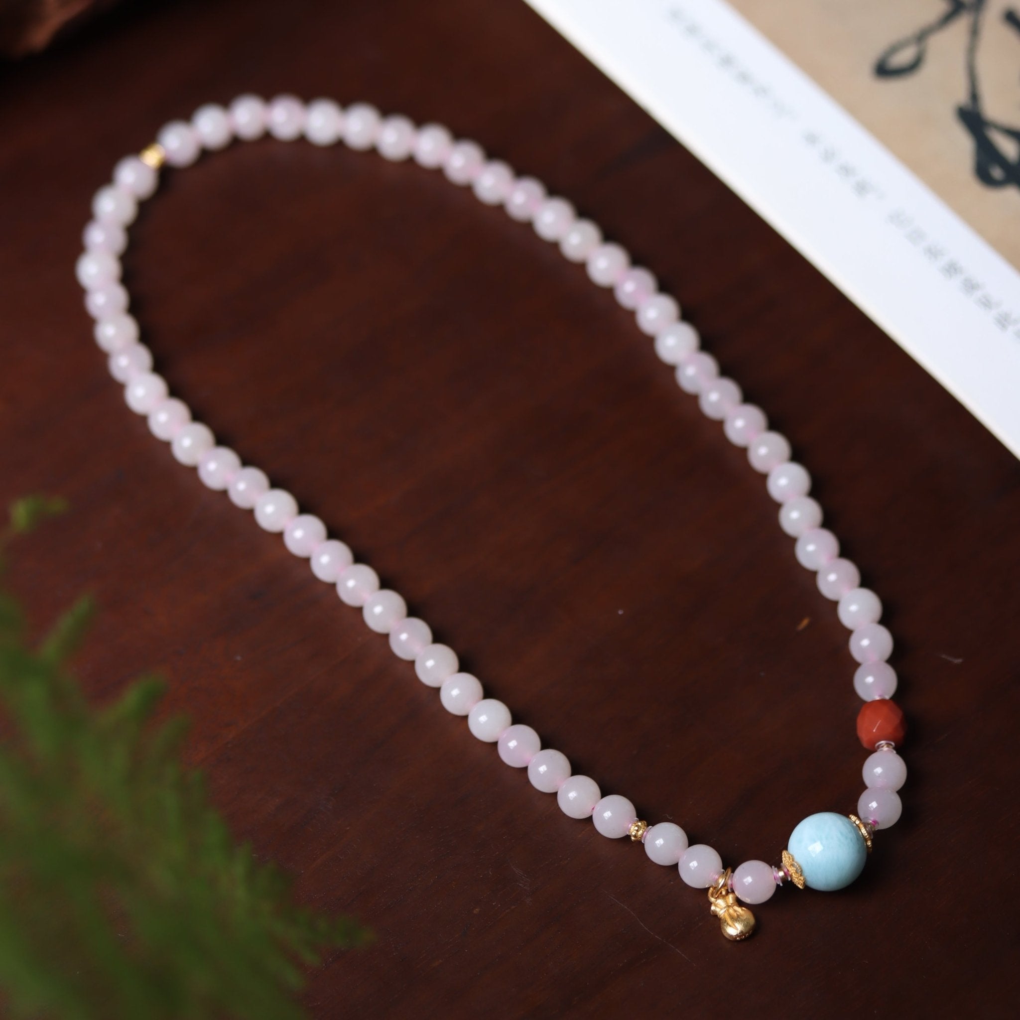 Larimar Pendant with Lotus Root Starch Jade Mala Bead - Mala Bead - Feather Peace