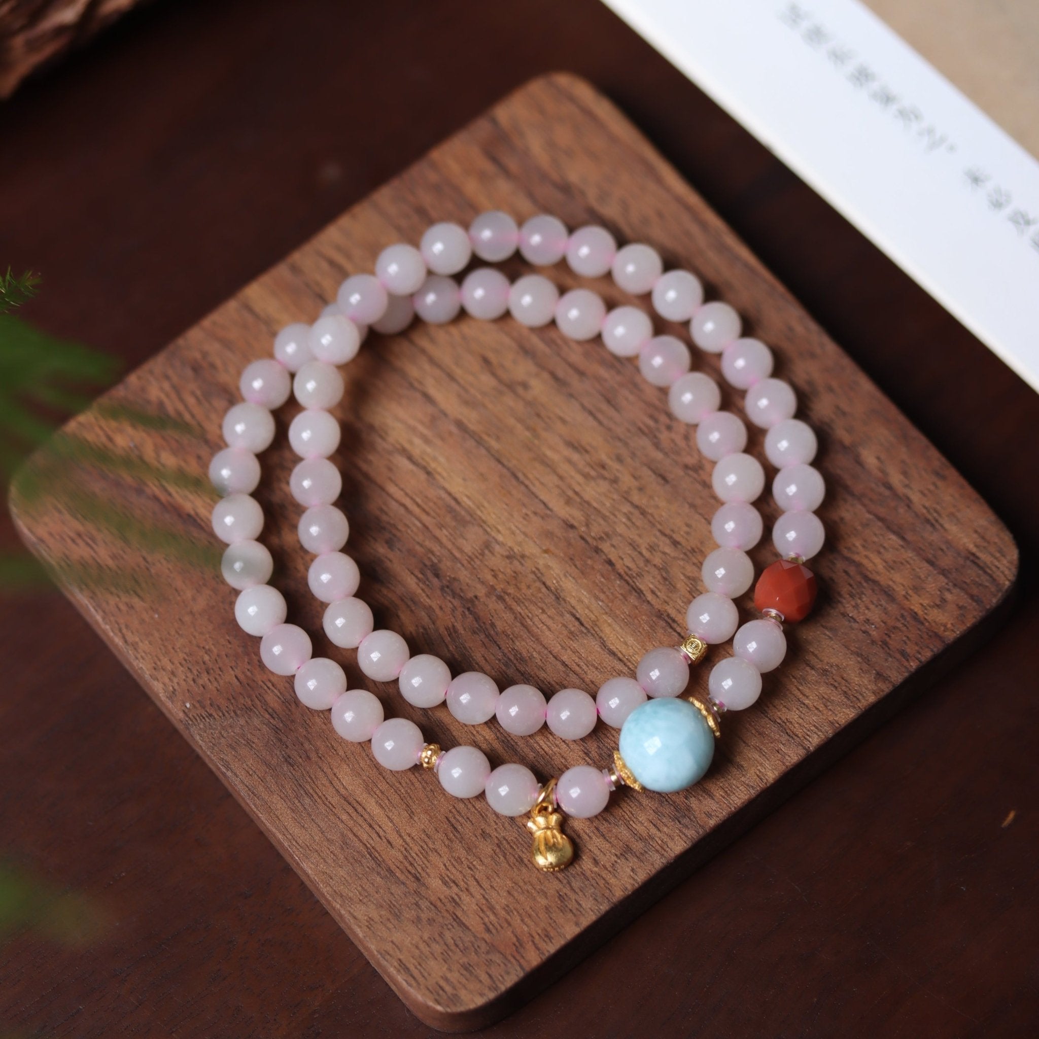 Larimar Pendant with Lotus Root Starch Jade Mala Bead - Mala Bead - Feather Peace