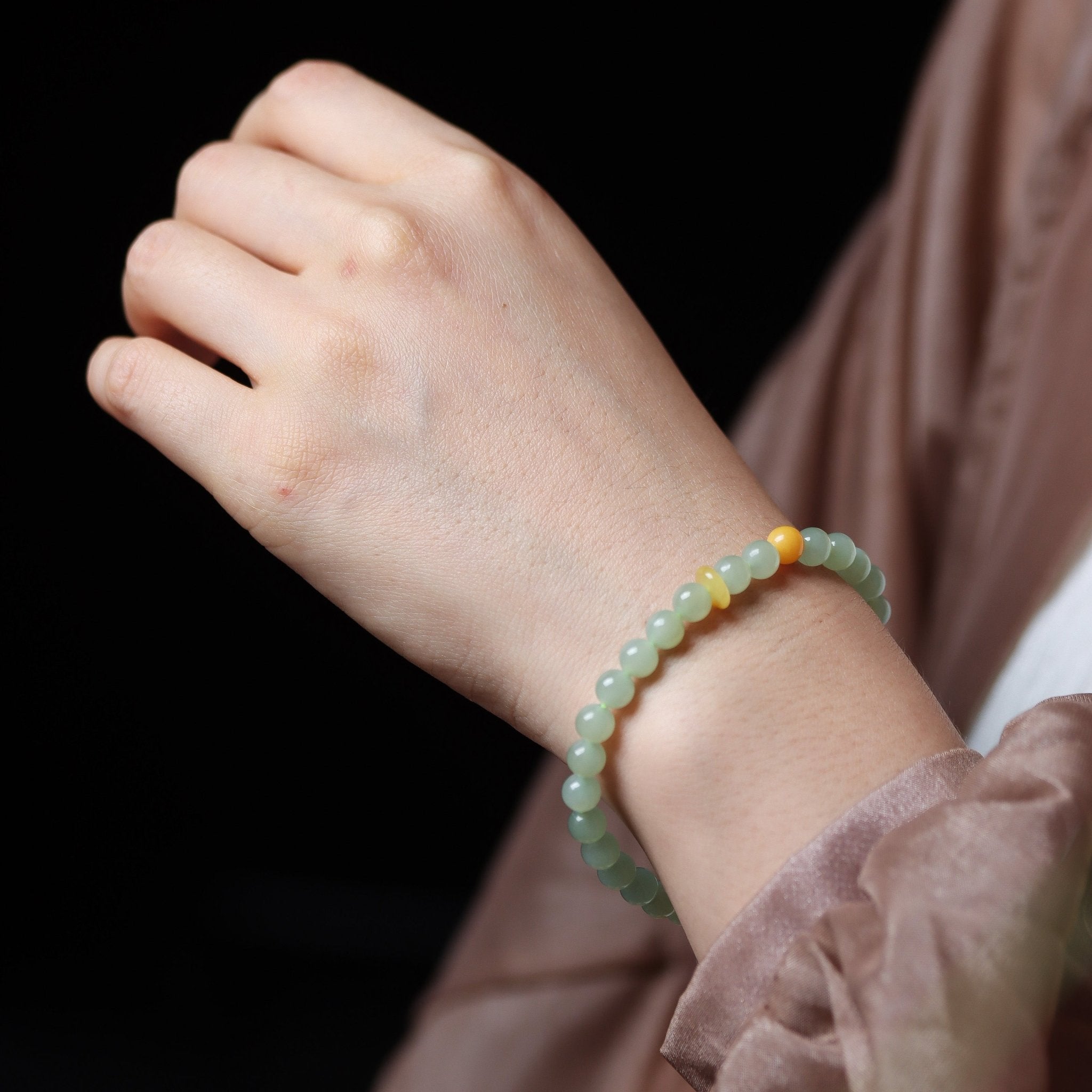 Light Green Hetian Jade and Beeswax Amber Bracelet - Bracelet - Feather Peace