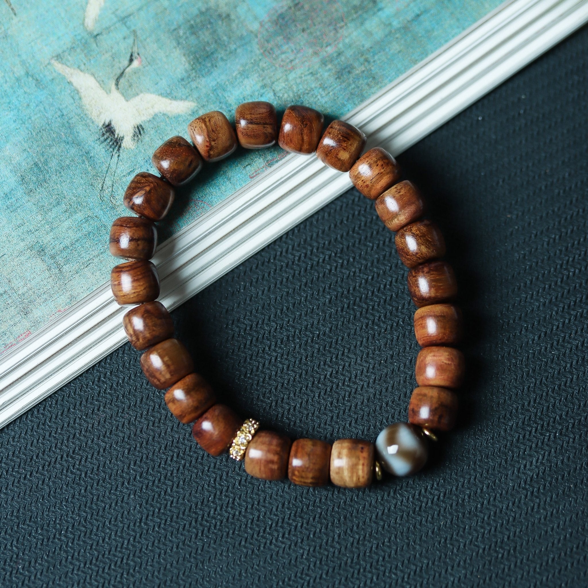 New Rosewood Barrel Bead Bracelet with Agate Dzi - Bracelet - Feather Peace