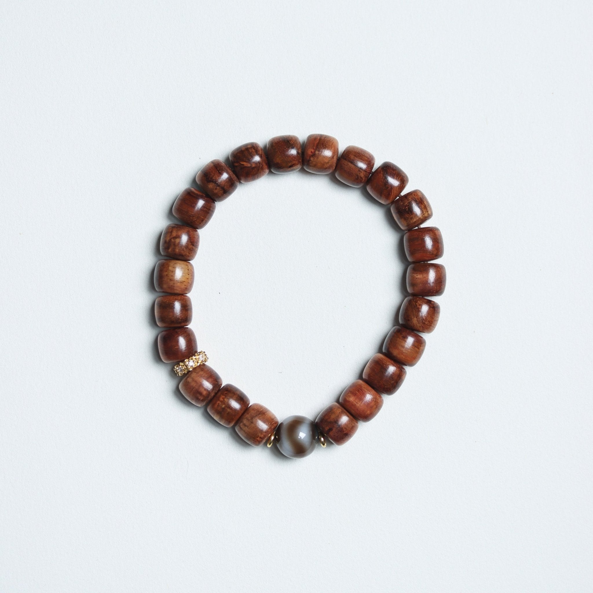 New Rosewood Barrel Bead Bracelet with Agate Dzi - Bracelet - Feather Peace