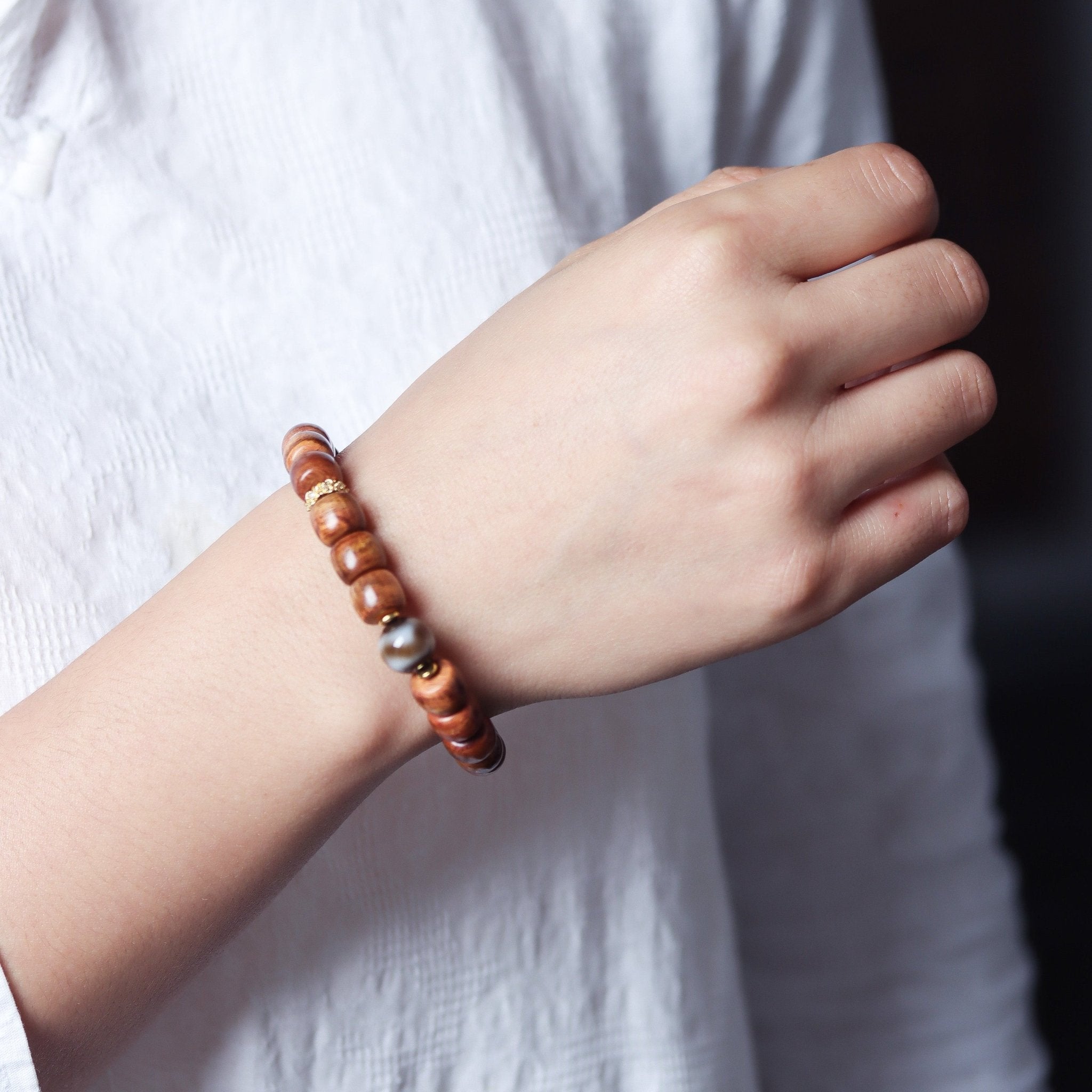 New Rosewood Barrel Bead Bracelet with Agate Dzi - Bracelet - Feather Peace