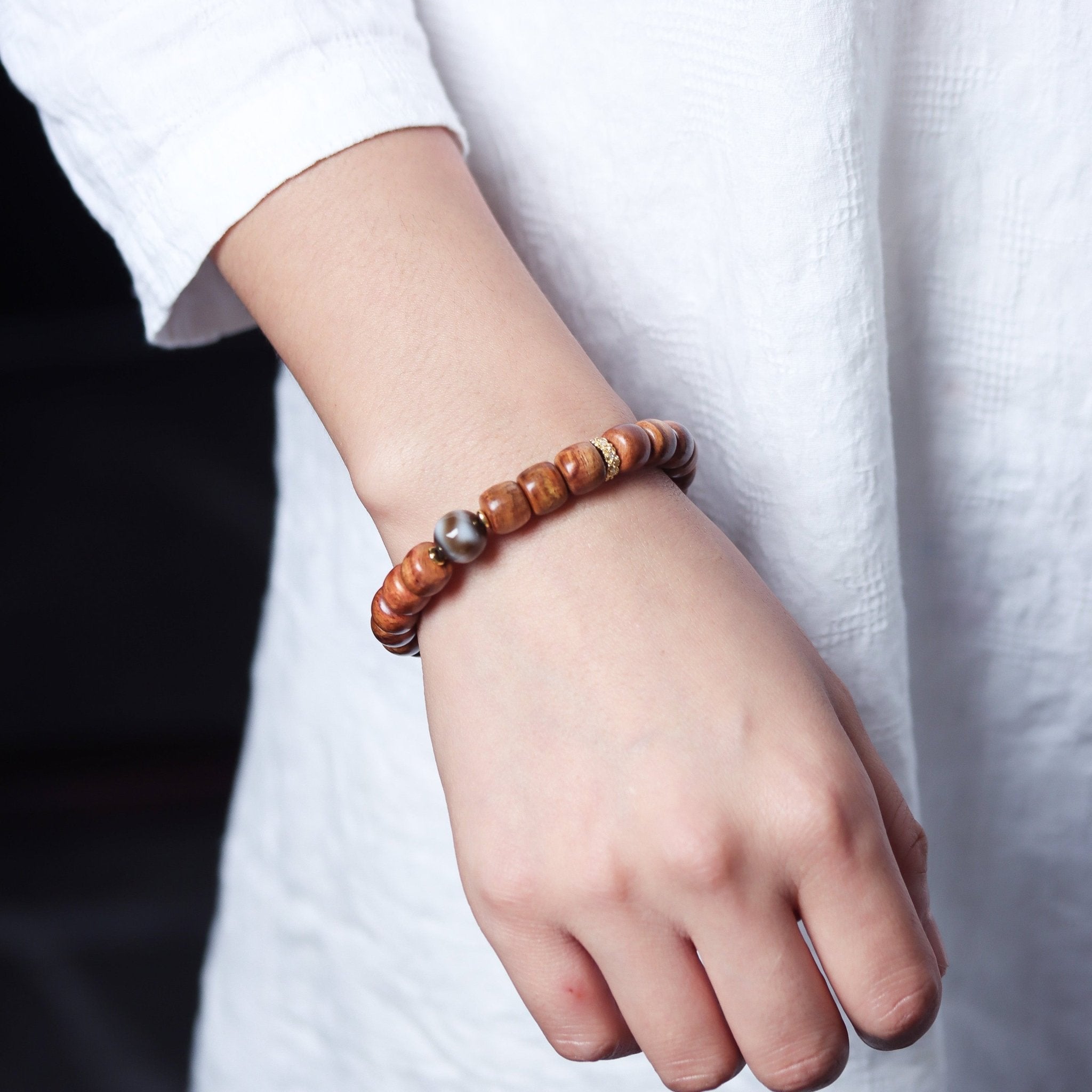 New Rosewood Barrel Bead Bracelet with Agate Dzi - Bracelet - Feather Peace