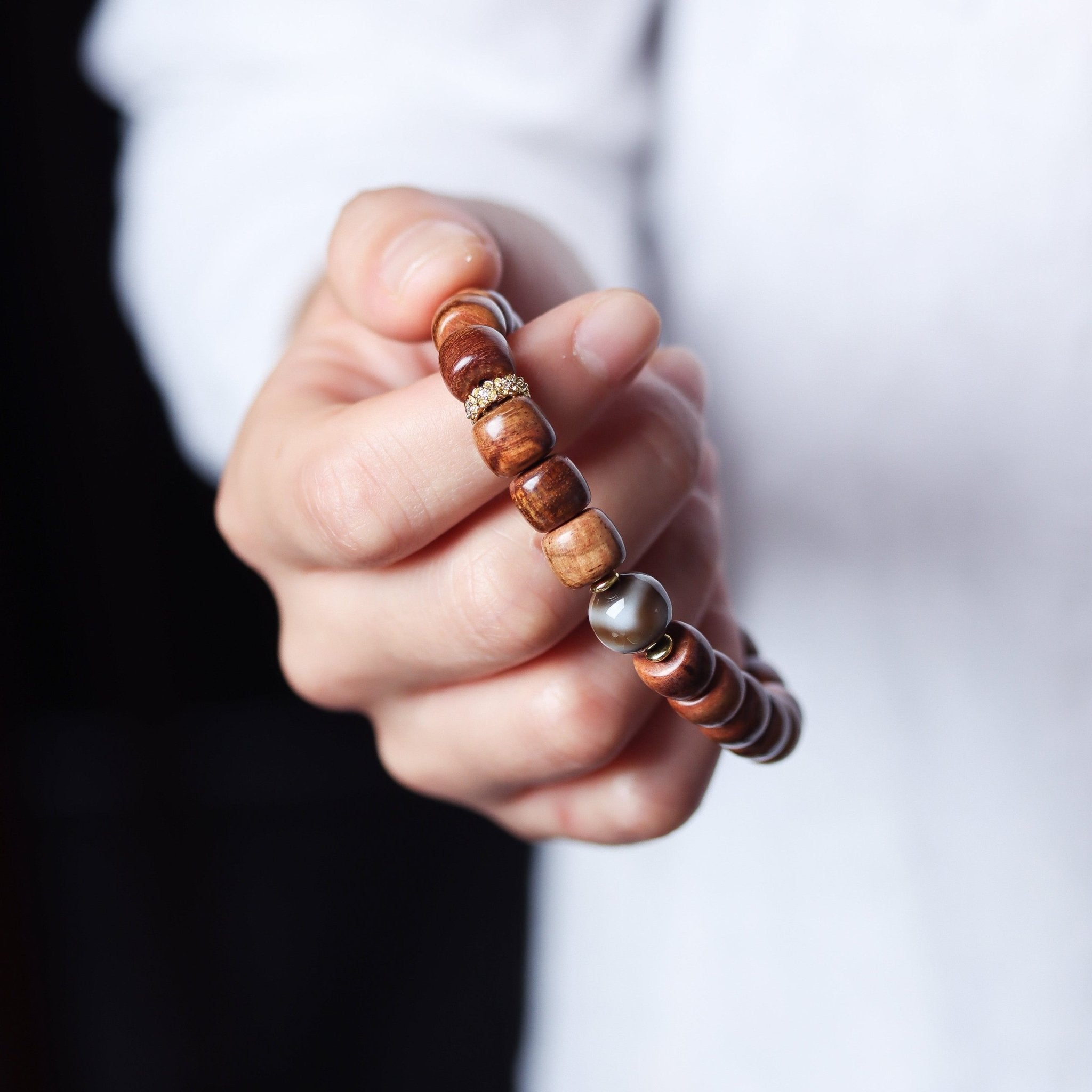 New Rosewood Barrel Bead Bracelet with Agate Dzi - Bracelet - Feather Peace