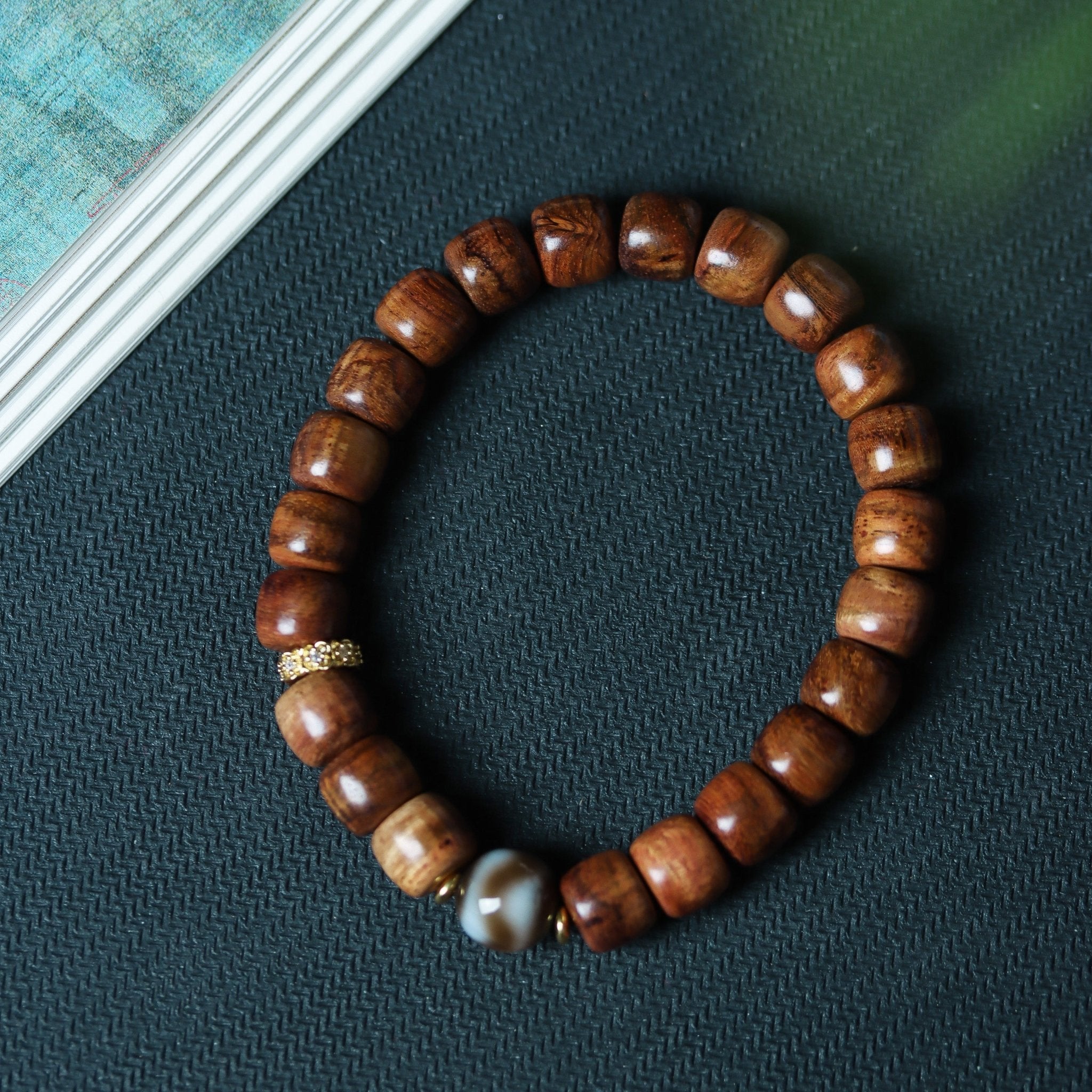 New Rosewood Barrel Bead Bracelet with Agate Dzi - Bracelet - Feather Peace