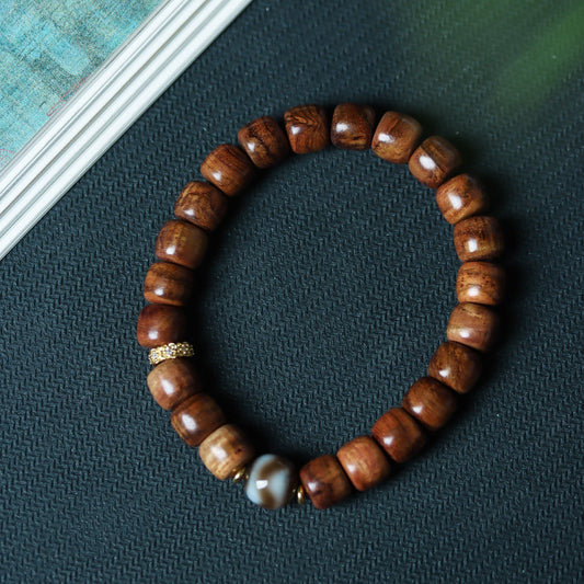 New Rosewood Barrel Bead Bracelet with Agate Dzi - Bracelet - Feather Peace