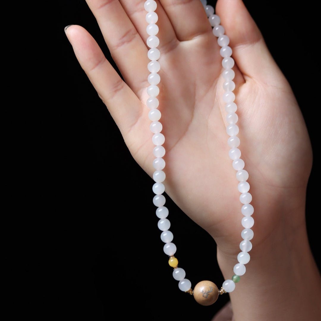 Pale Pink Jade and Silver Deer Sandalwood Mala - Mala Bead - Feather Peace