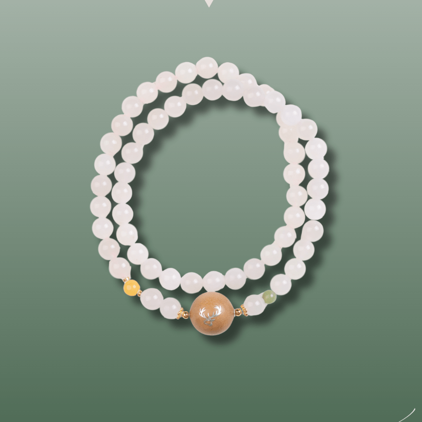 Pale Pink Jade and Silver Deer Sandalwood Mala - Mala Bead - Feather Peace