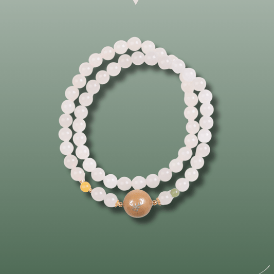 Pale Pink Jade and Silver Deer Sandalwood Mala - Mala Bead - Feather Peace