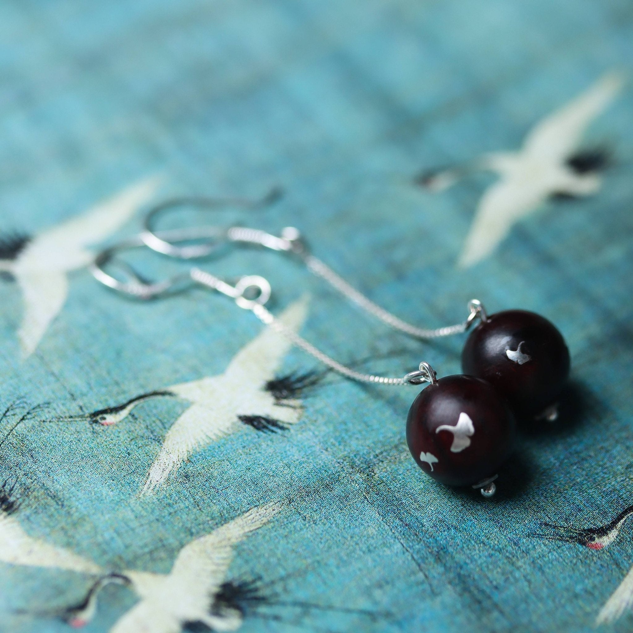 Petrified Wood Dangle Earrings with Silver Crane Inlay - Earrings - Feather Peace