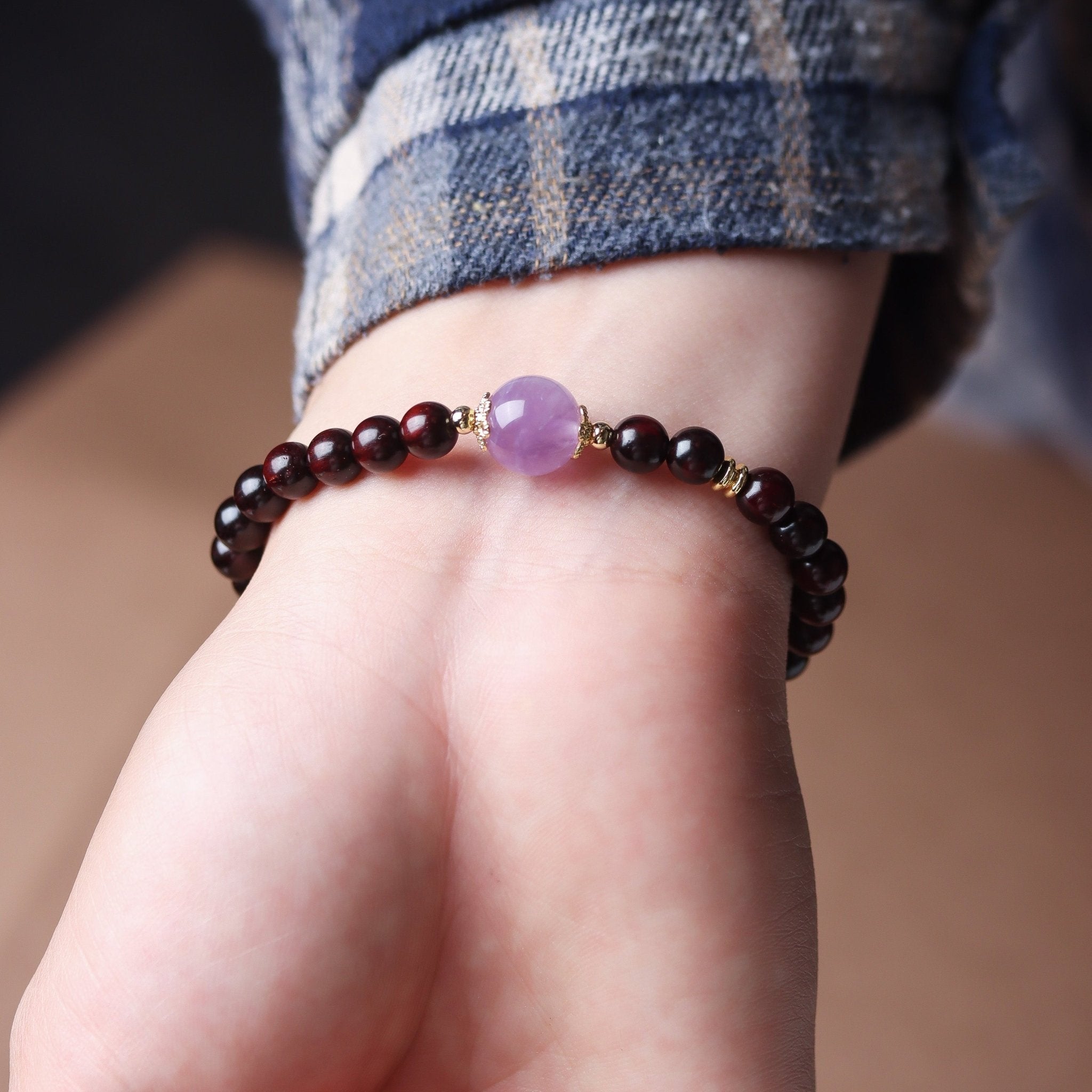 Red Sandalwood and Amethyst Bead Bracelet - Bracelet - Feather Peace