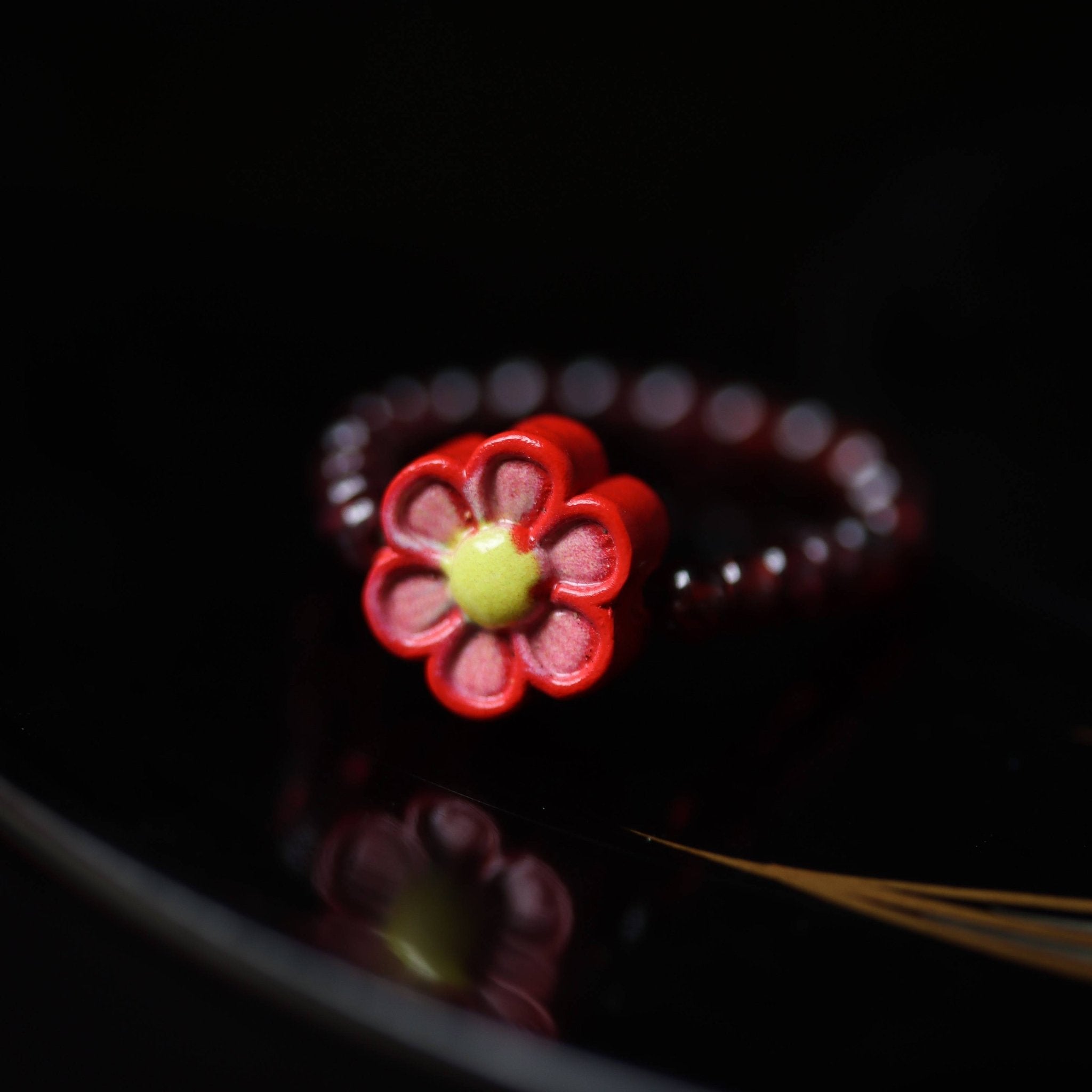 Red Sandstone Beaded Ring with Flower Charm - Ring - Feather Peace