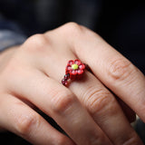Red Sandstone Beaded Ring with Flower Charm - Ring - Feather Peace