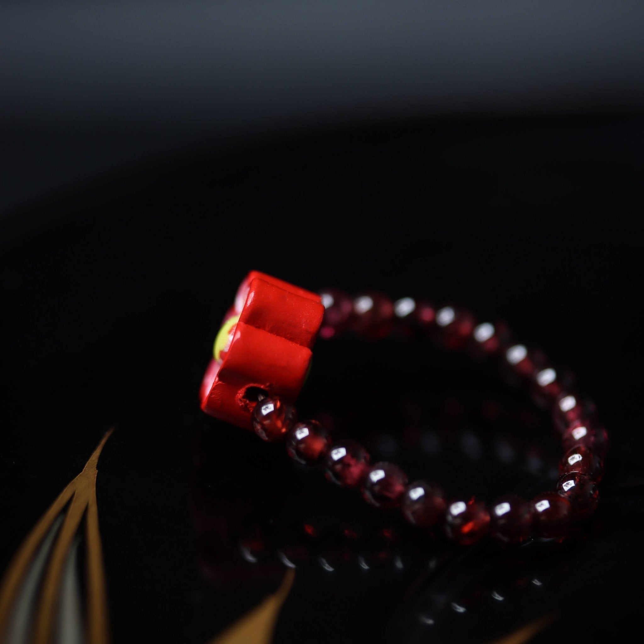 Red Sandstone Beaded Ring with Flower Charm - Ring - Feather Peace