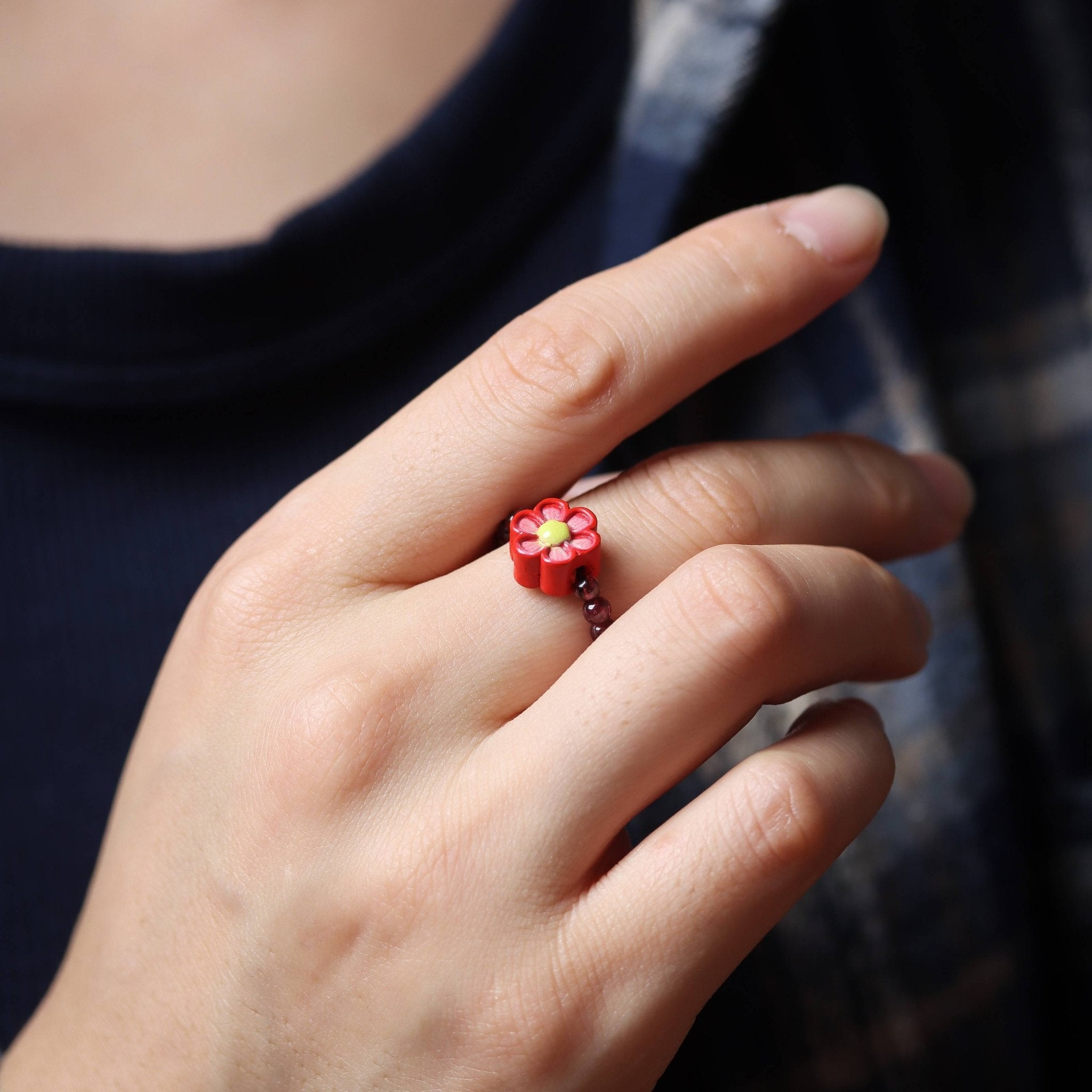 Red Sandstone Beaded Ring with Flower Charm - Ring - Feather Peace